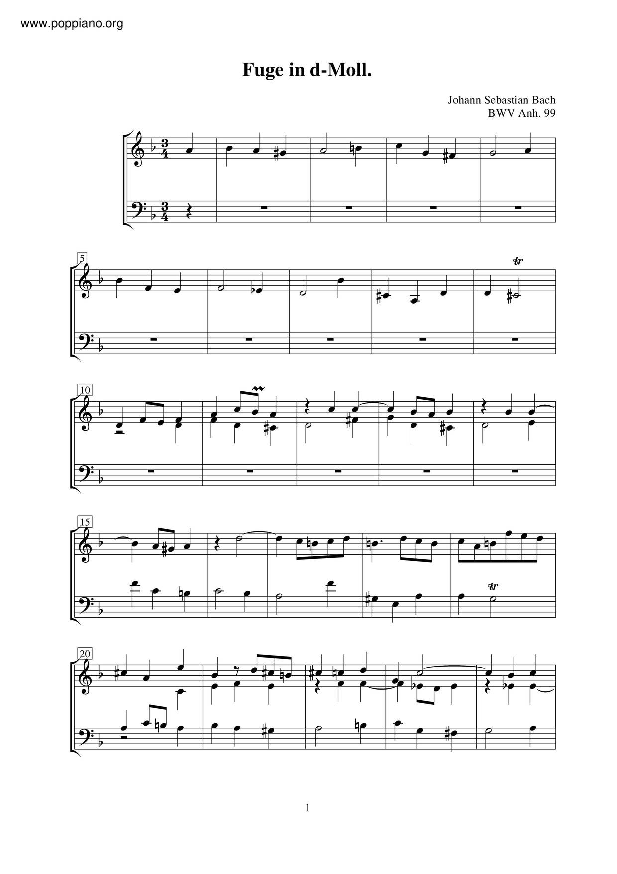 Fugue In D Minor, BWV Anh. 99琴谱