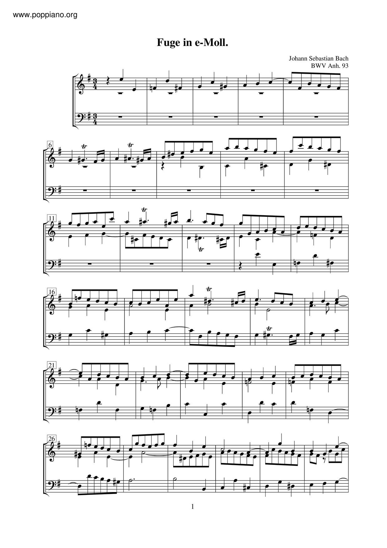 Fugue In E Minor, BWV Anh. 93 Score