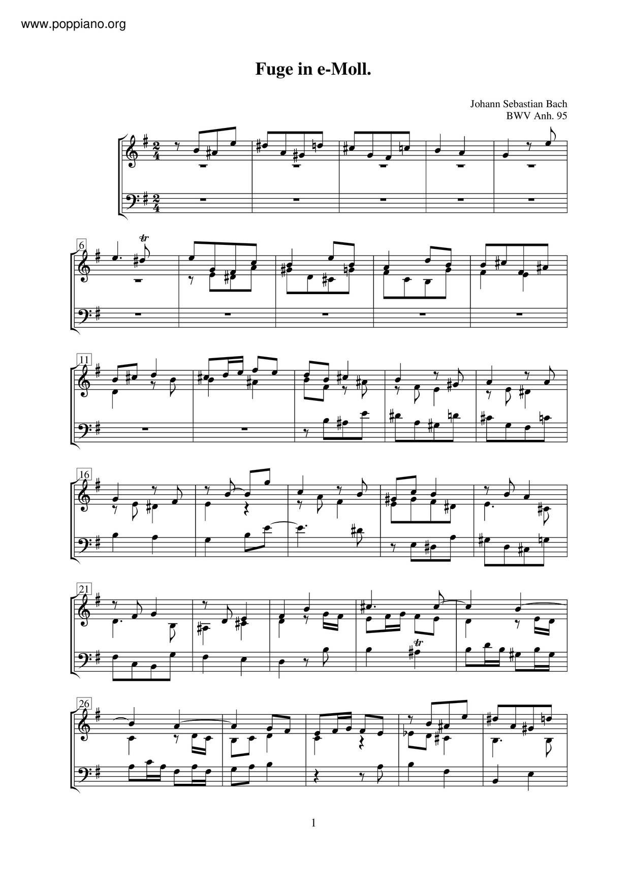 Fugue In E Minor, BWV Anh. 95琴譜