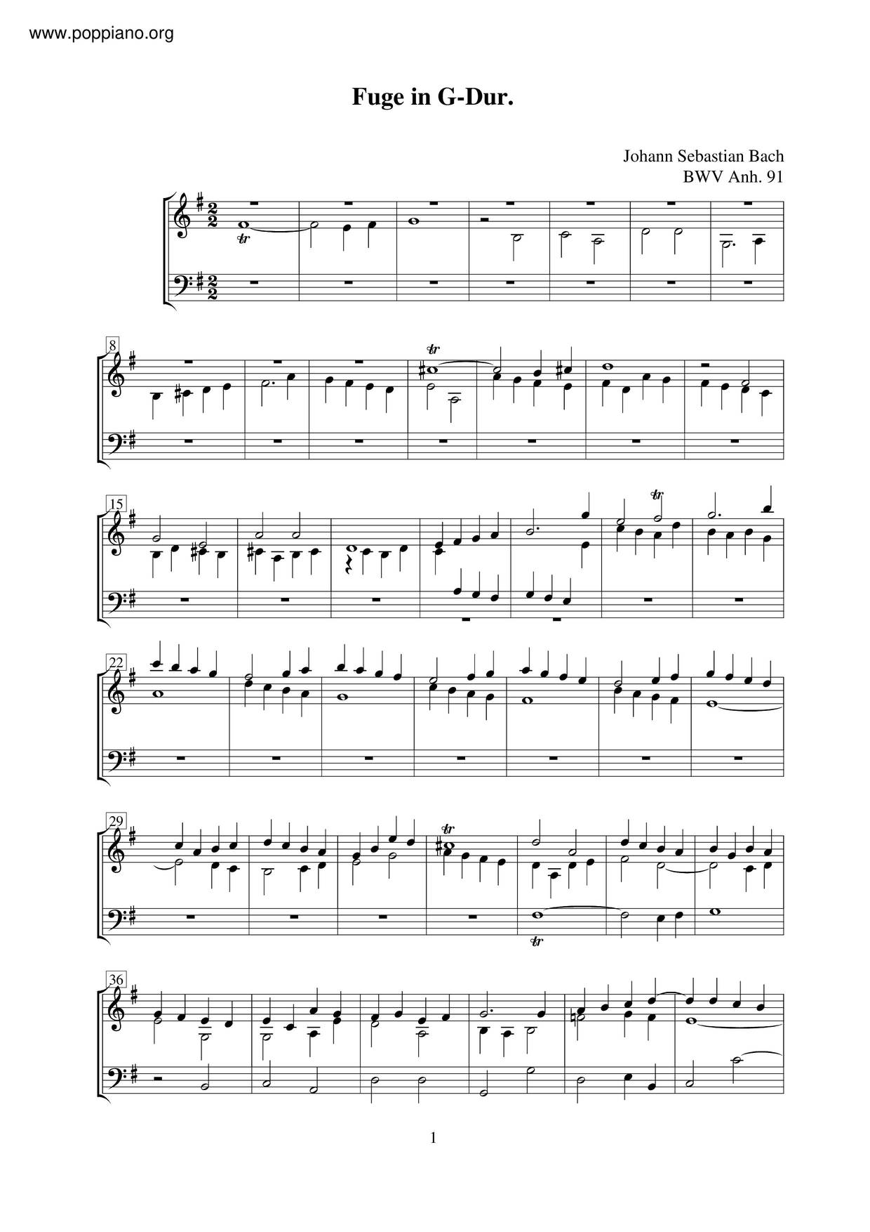 Fugue In G Major, BWV Anh. 91ピアノ譜