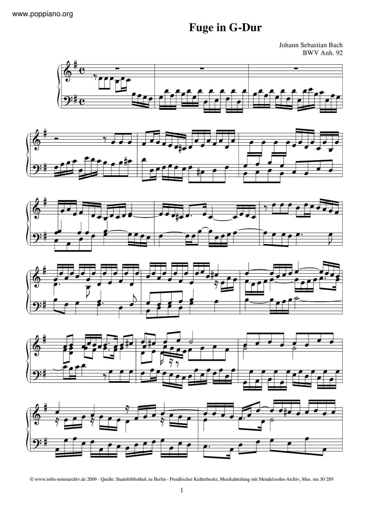 Fugue In G Major, BWV Anh. 92 Score