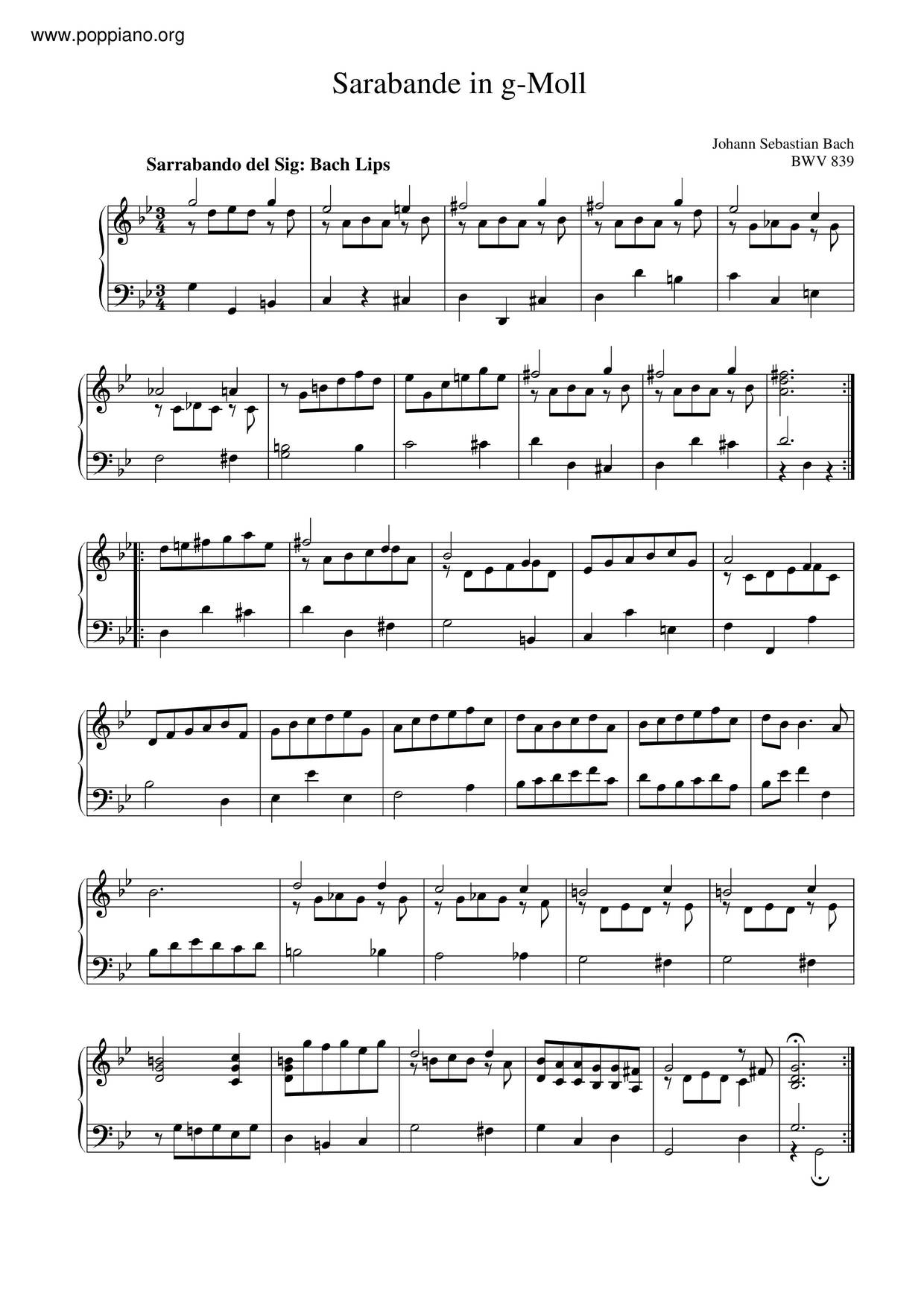 Sarabande In G Minor, BWV 839琴谱