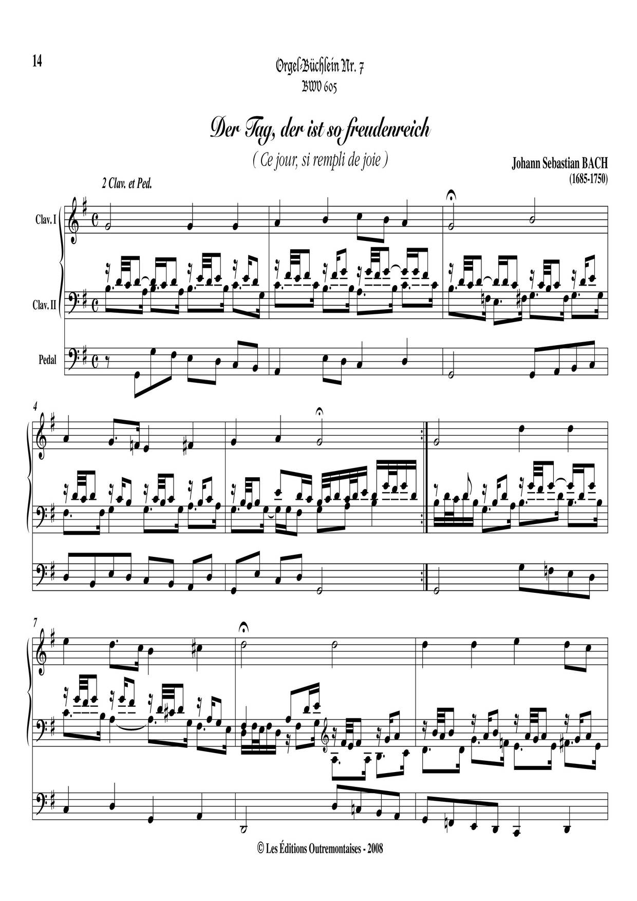 Chorale Prelude 'Der Tag Der Ist So Freudenreich', BWV 605ピアノ譜