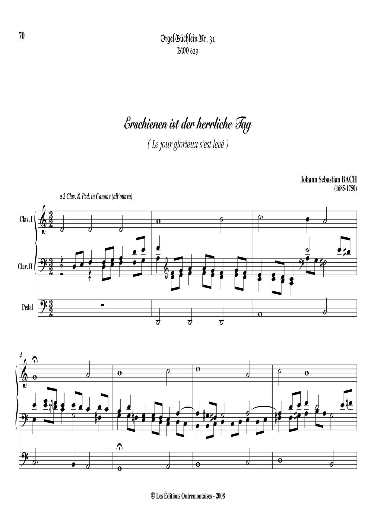 Chorale Prelude 'Erschienen Ist Der Herrliche Tag', BWV 629琴谱