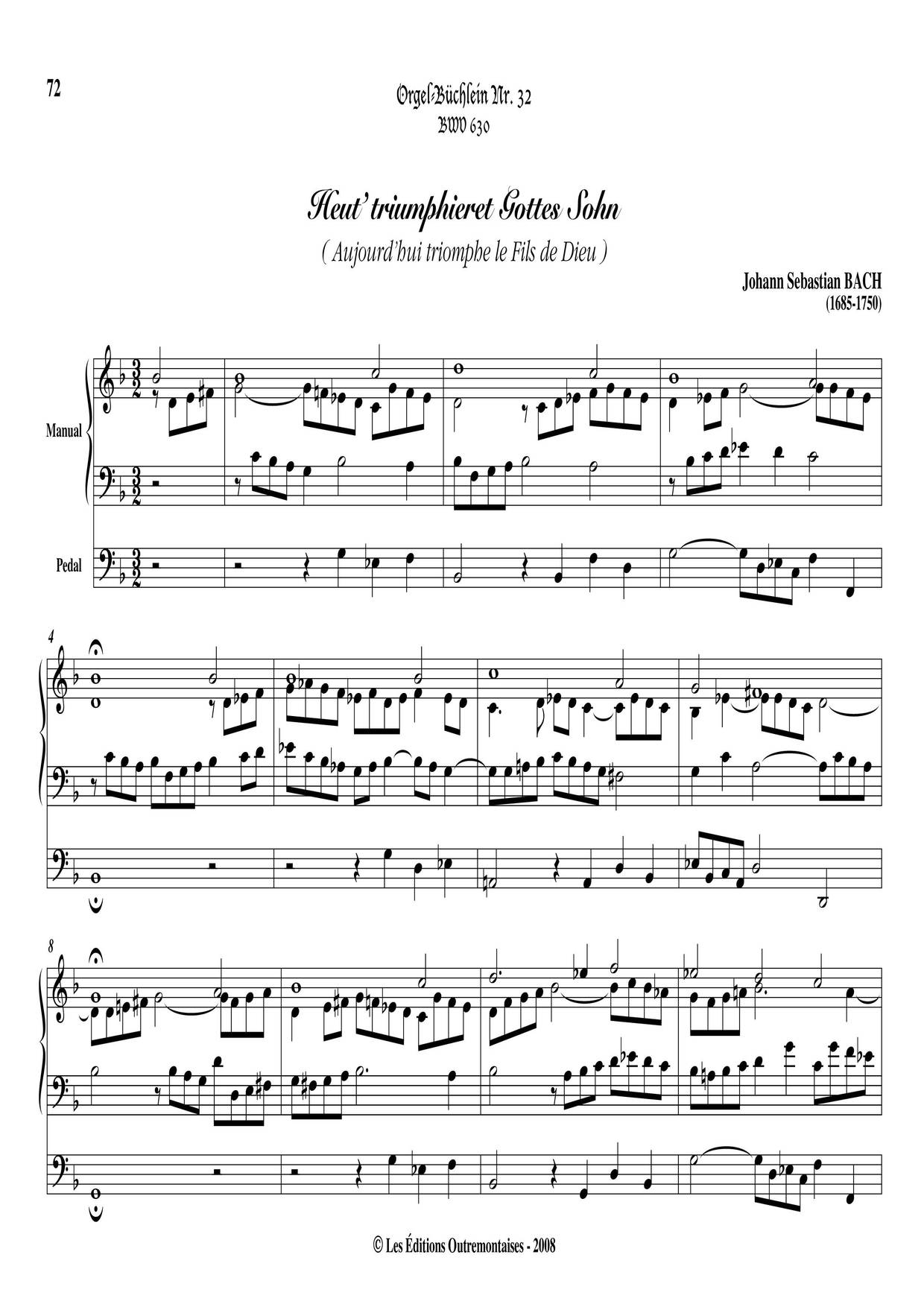 Chorale Prelude 'Heut Triumphiret Gottes Sohn', BWV 630琴谱