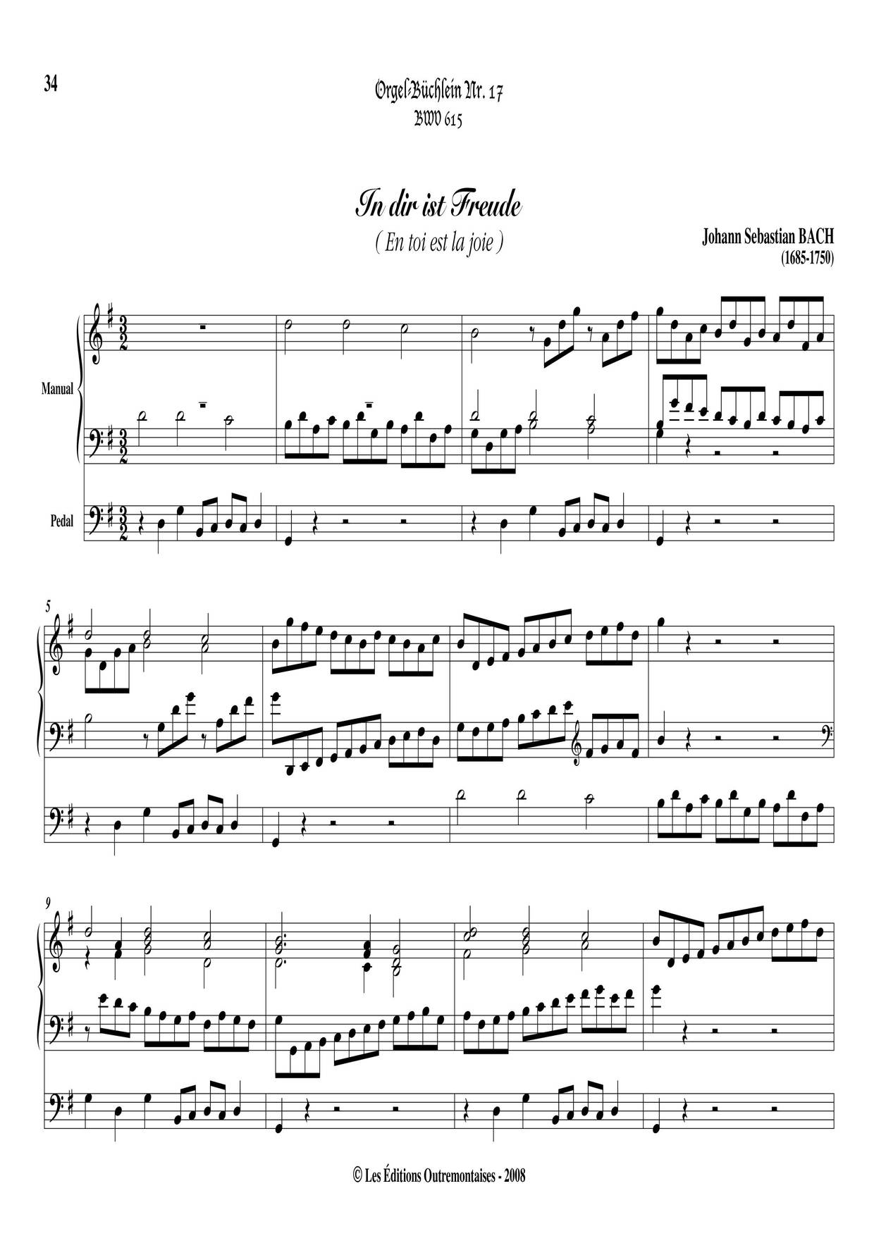 Chorale Prelude 'In Dir Ist Freude', BWV 615琴譜