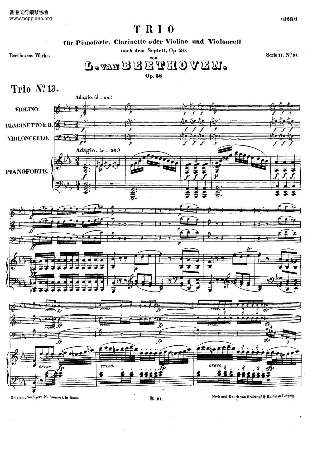 Trio In E-Flat Major, Op. 38 Score