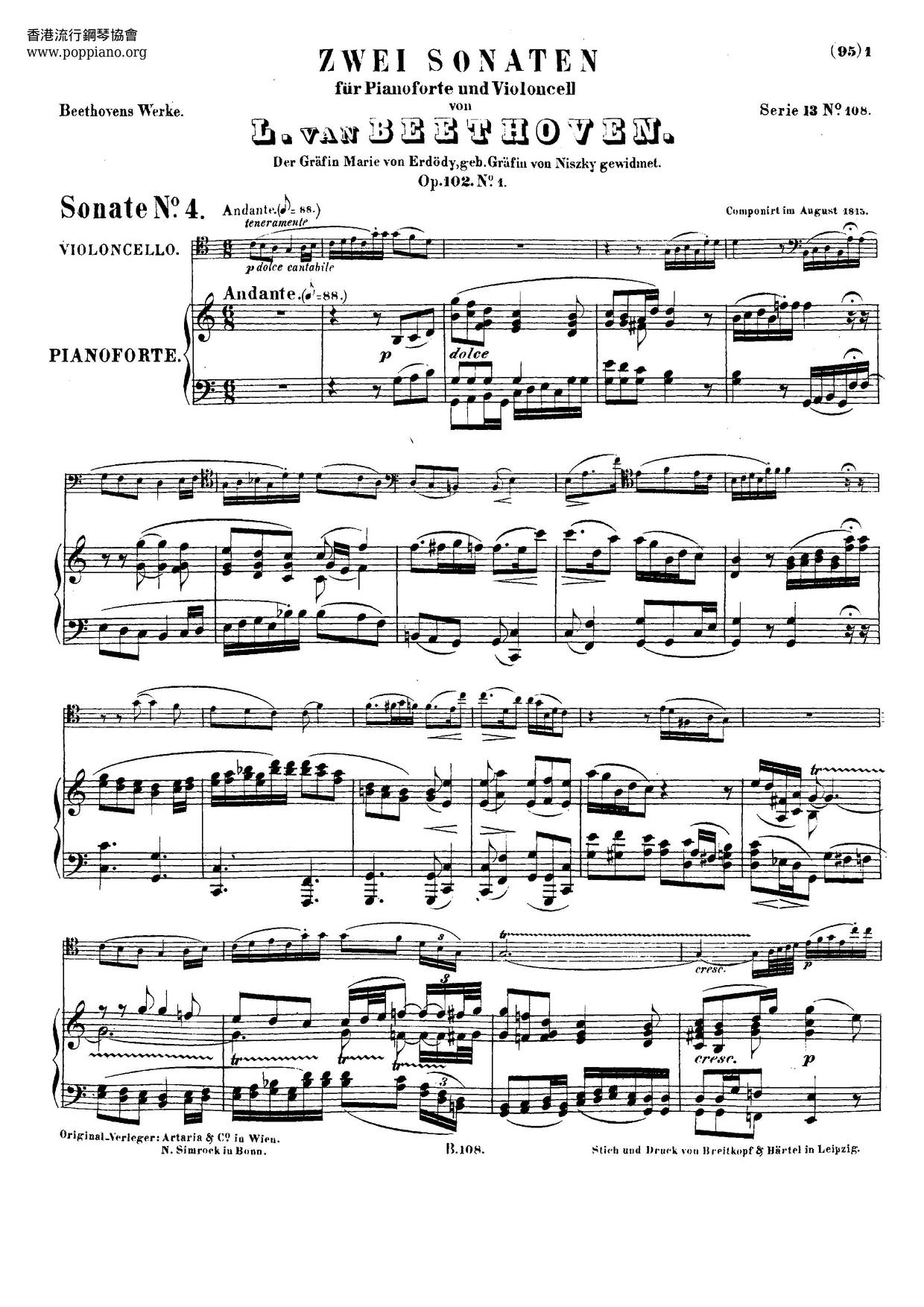 Cello Sonata No. 4 In C Major, Op. 102 No. 1 Score