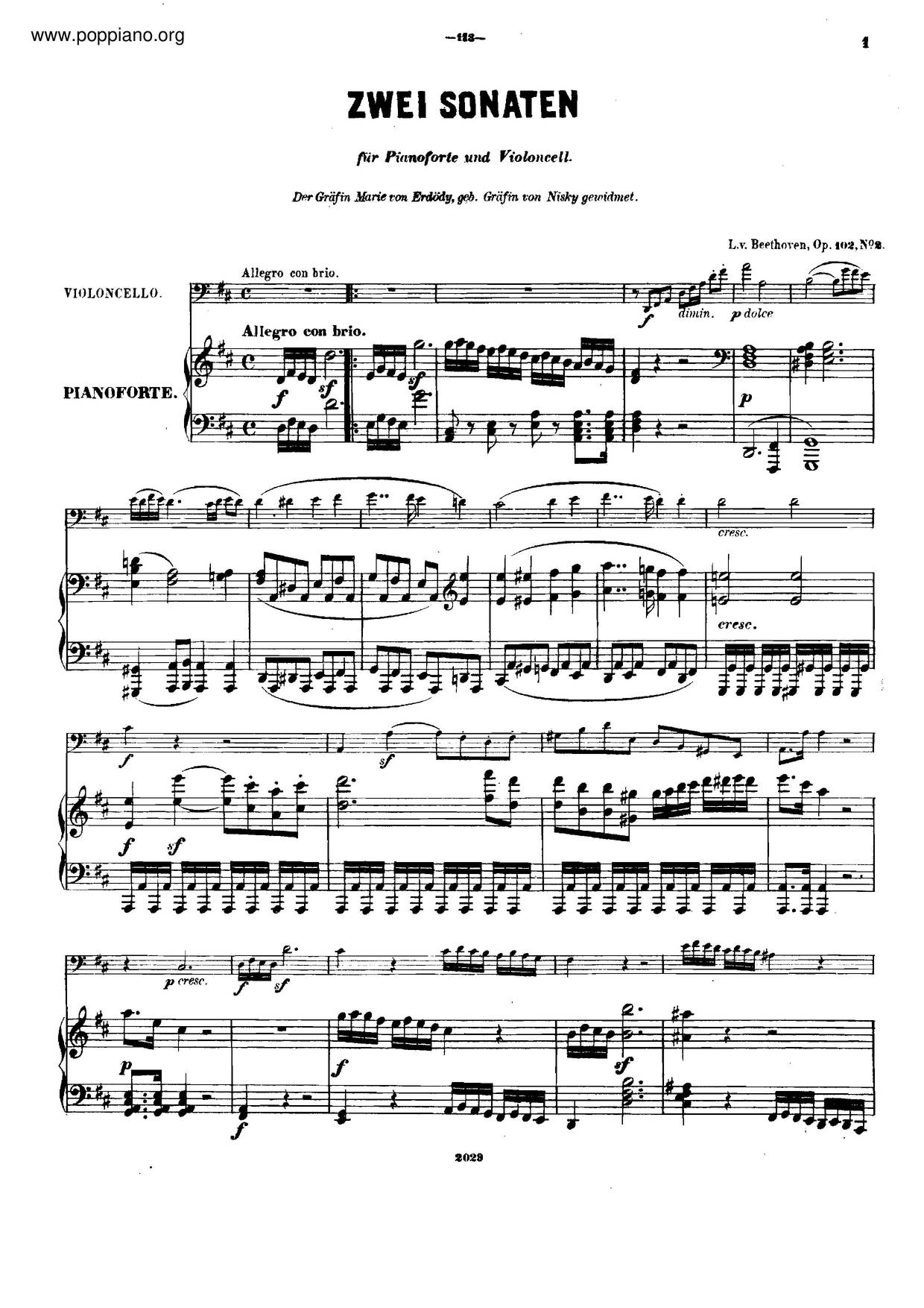 Cello Sonata No. 5 In D Major, Op. 102 No. 2琴谱