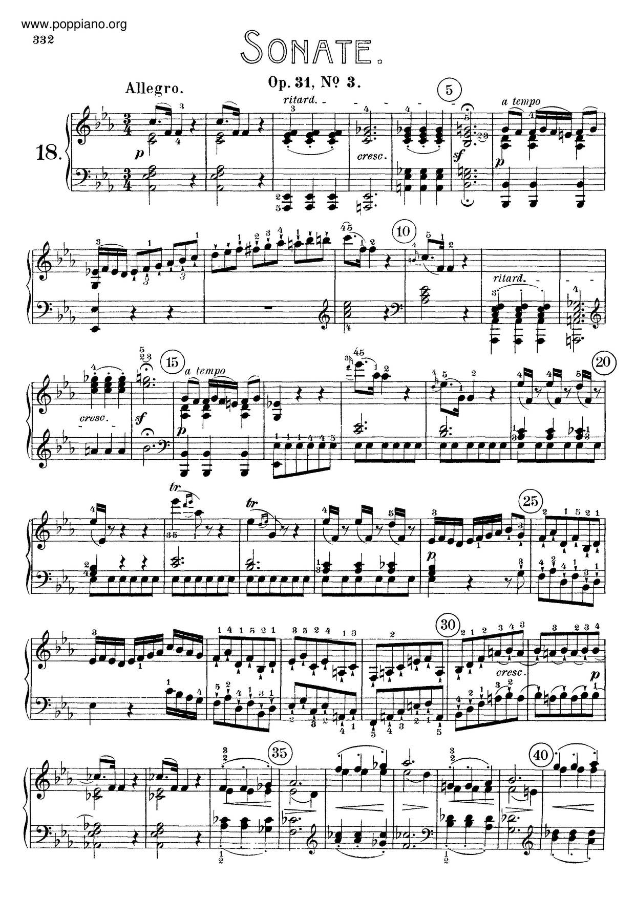Piano Sonata No. 18 In E-Flat Major 'The Hunt', Op. 31 No. 3琴譜