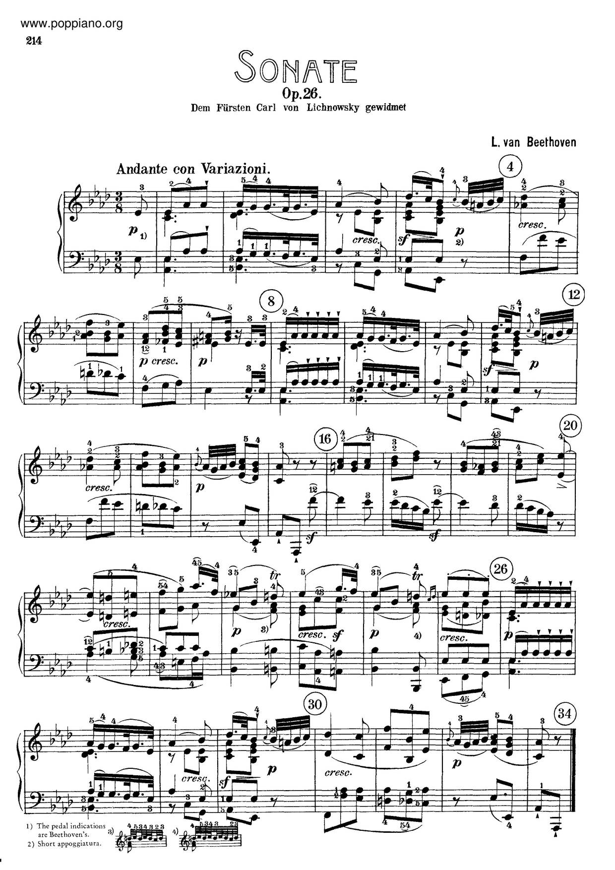 Piano Sonata No. 12 In A-Flat Major, Op. 26琴譜