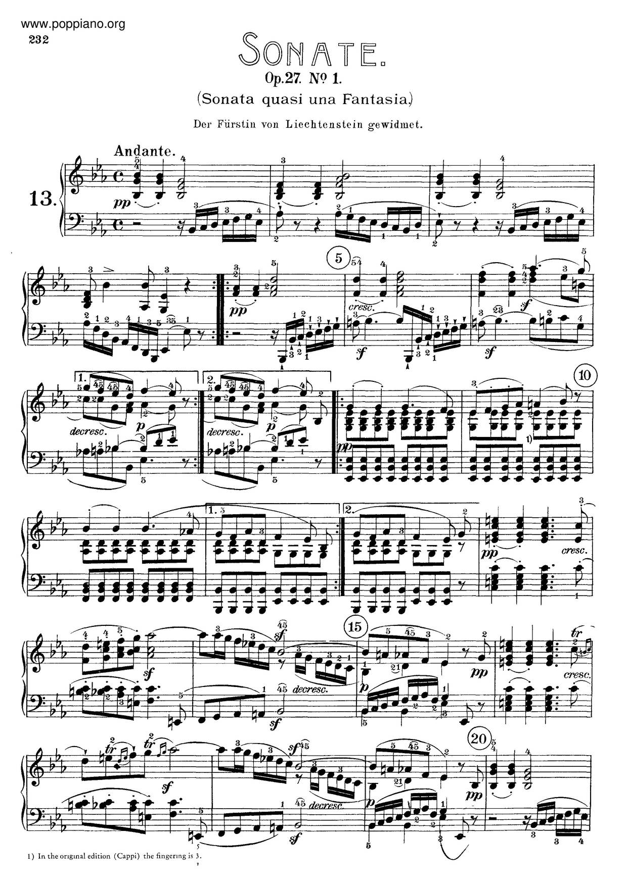 Piano Sonata No. 13 In E-Flat Major 'Quasi Una Fantasia', Op. 27 No. 1 Score