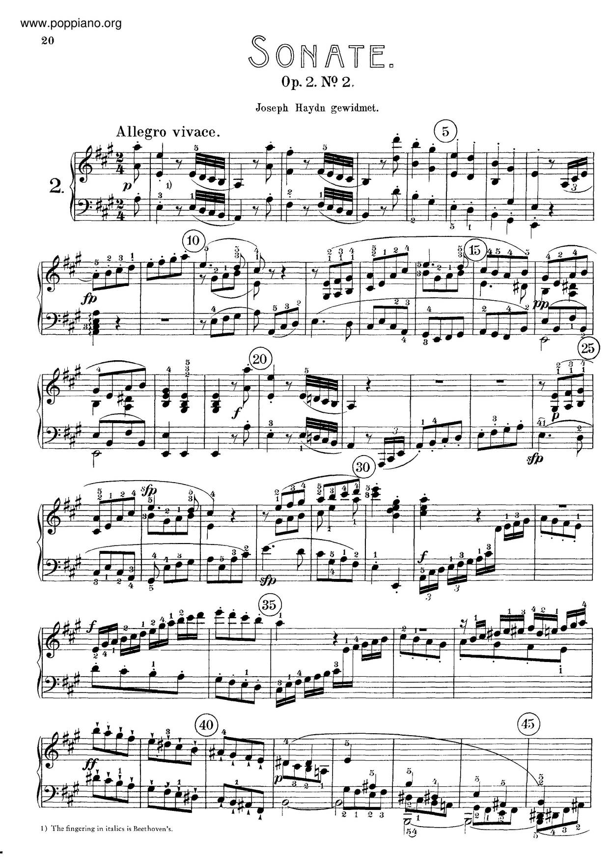 Piano Sonata No. 2 In A Major, Op. 2 No. 2 Score