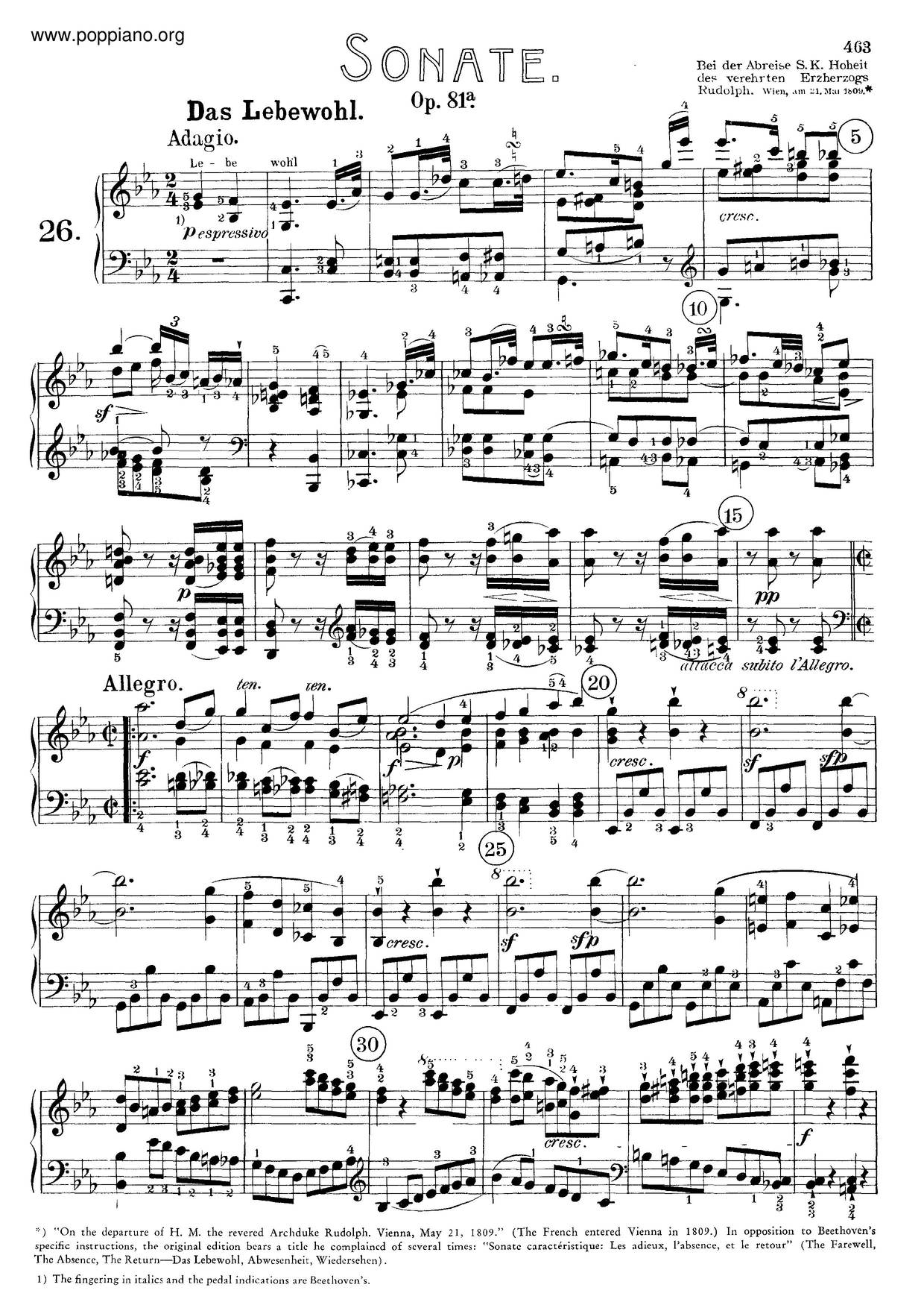 Piano Sonata No. 26 In E-Flat Major 'Les Adieux', Op. 81A琴譜