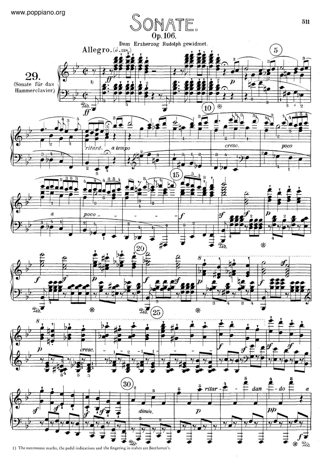 Piano Sonata No. 29 In B-Flat Major 'Hammerklavier', Op. 106琴谱