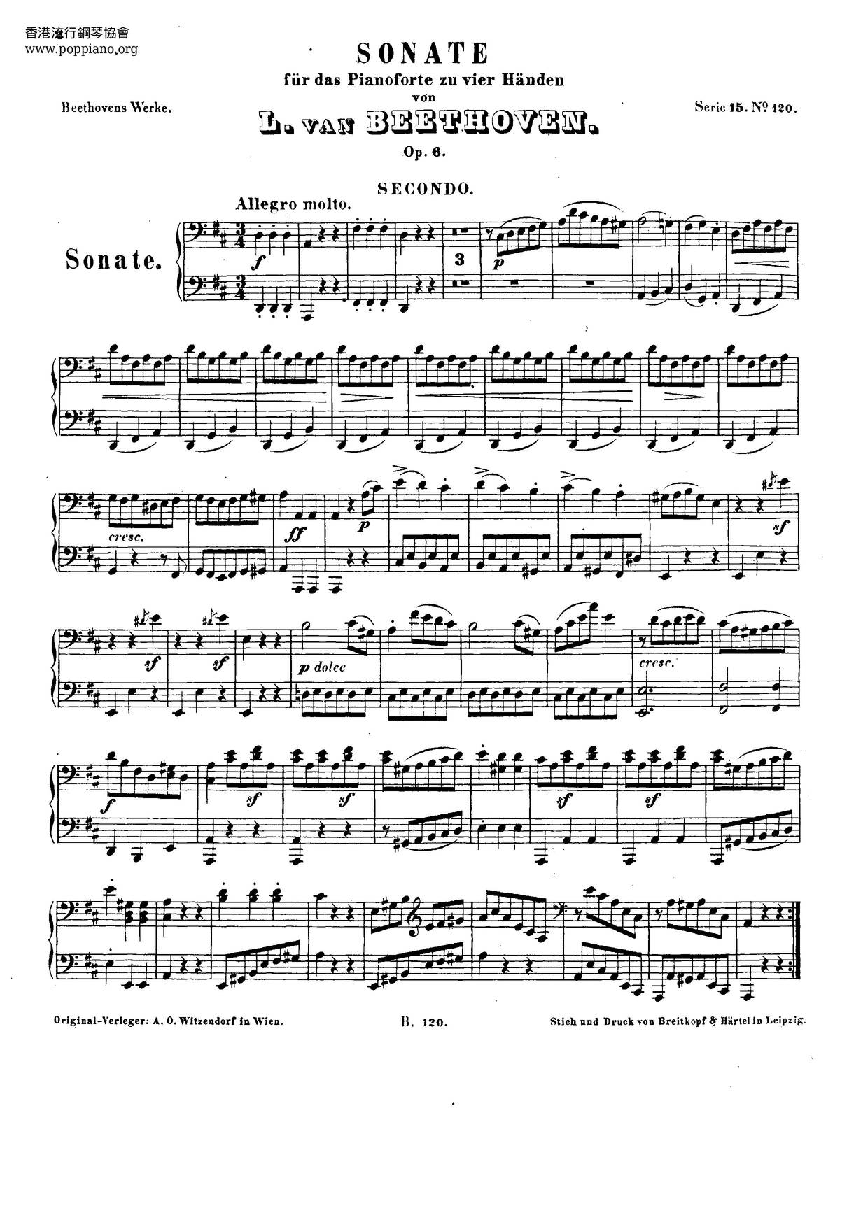 Sonata For Piano Four Hands In D Major, Op. 6琴谱