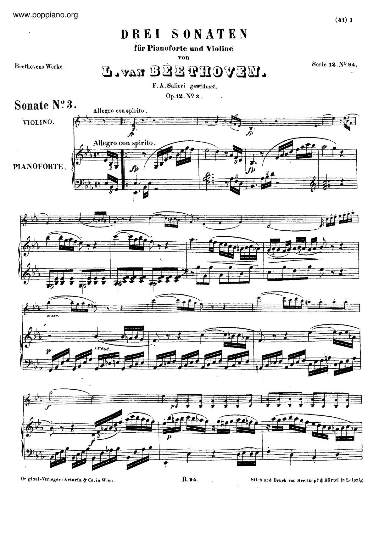 Violin Sonata No. 3 In E-Flat Major, Op. 12 Score