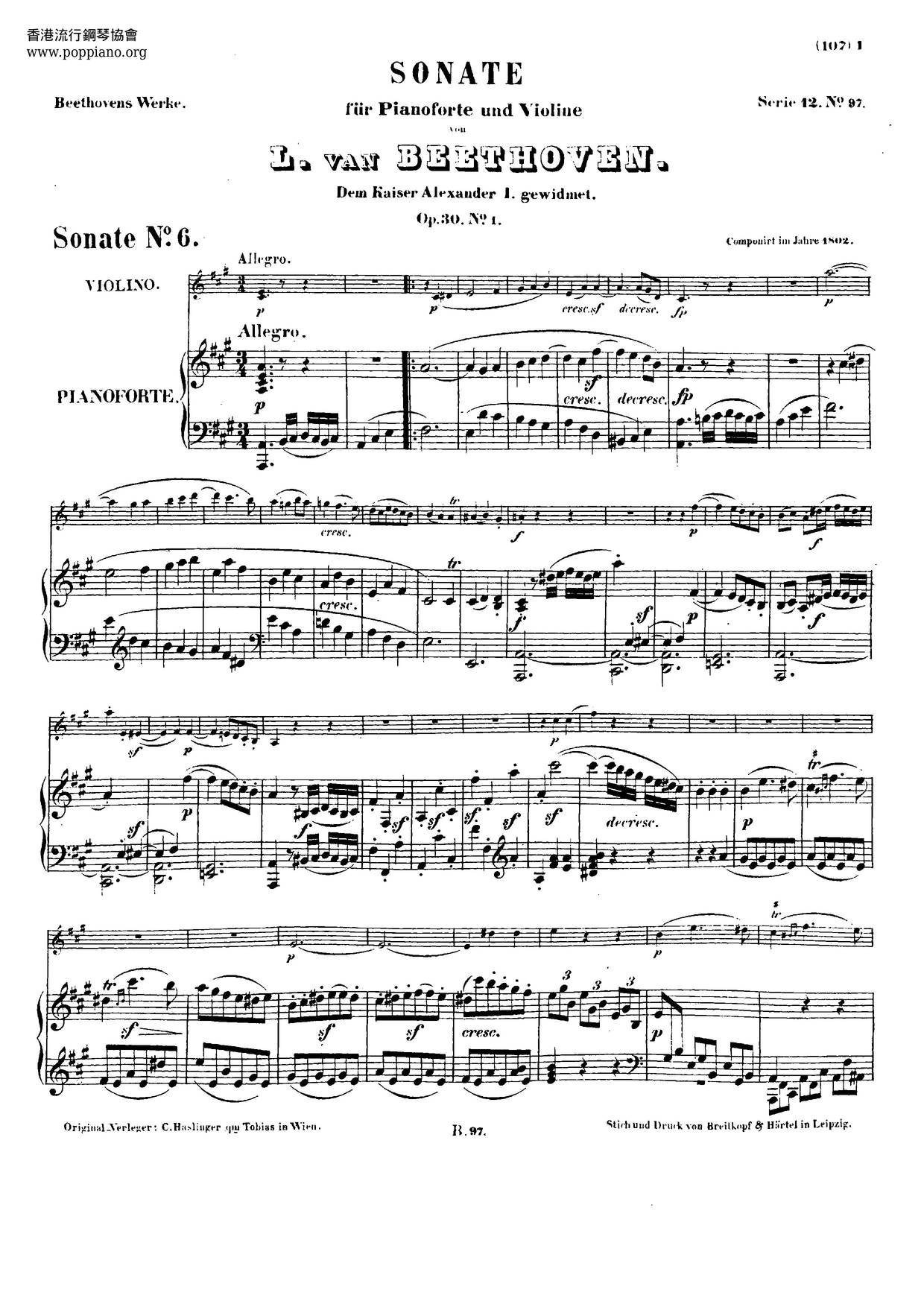 Violin Sonata No. 6 In A Major, Op. 30 No. 1 Score