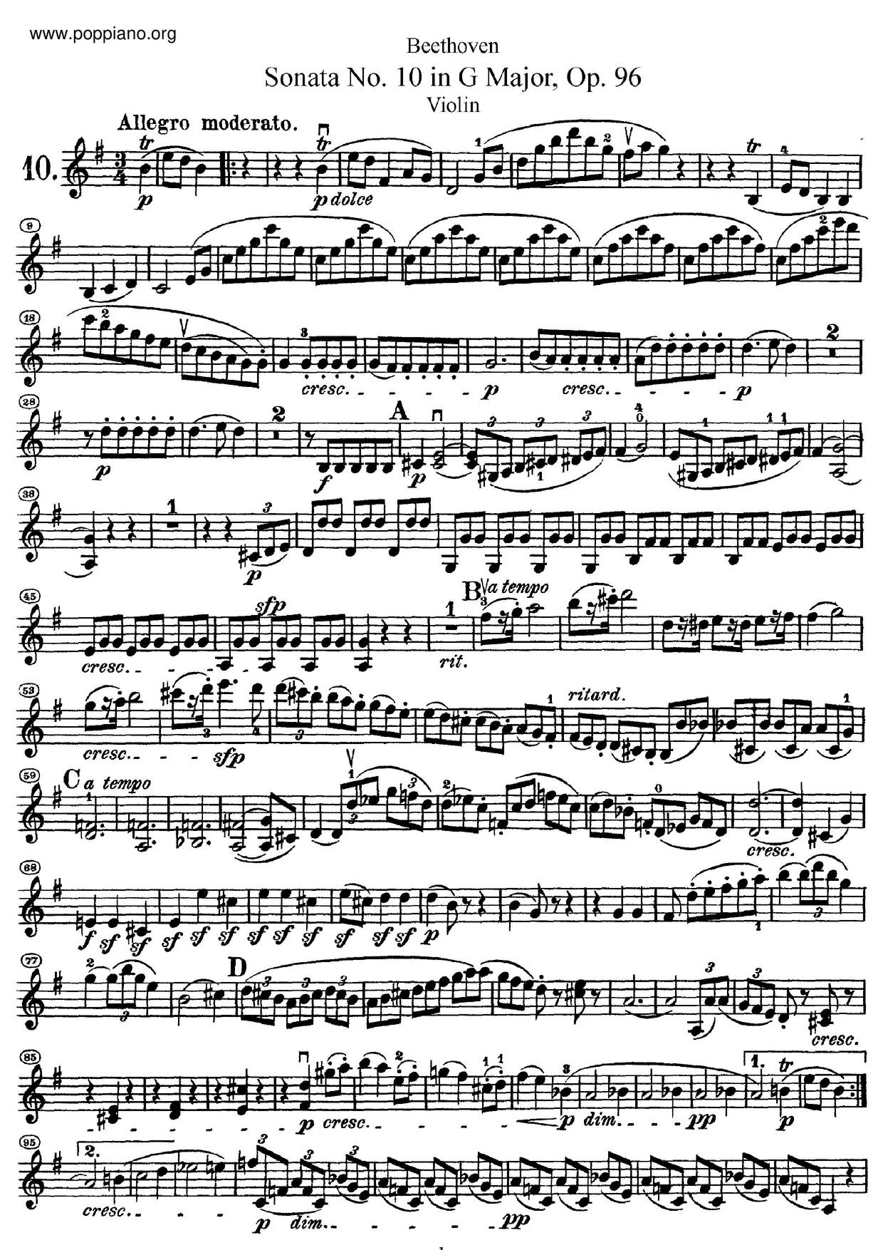 Violin Sonata No. 10 In G Major, Op. 96琴譜