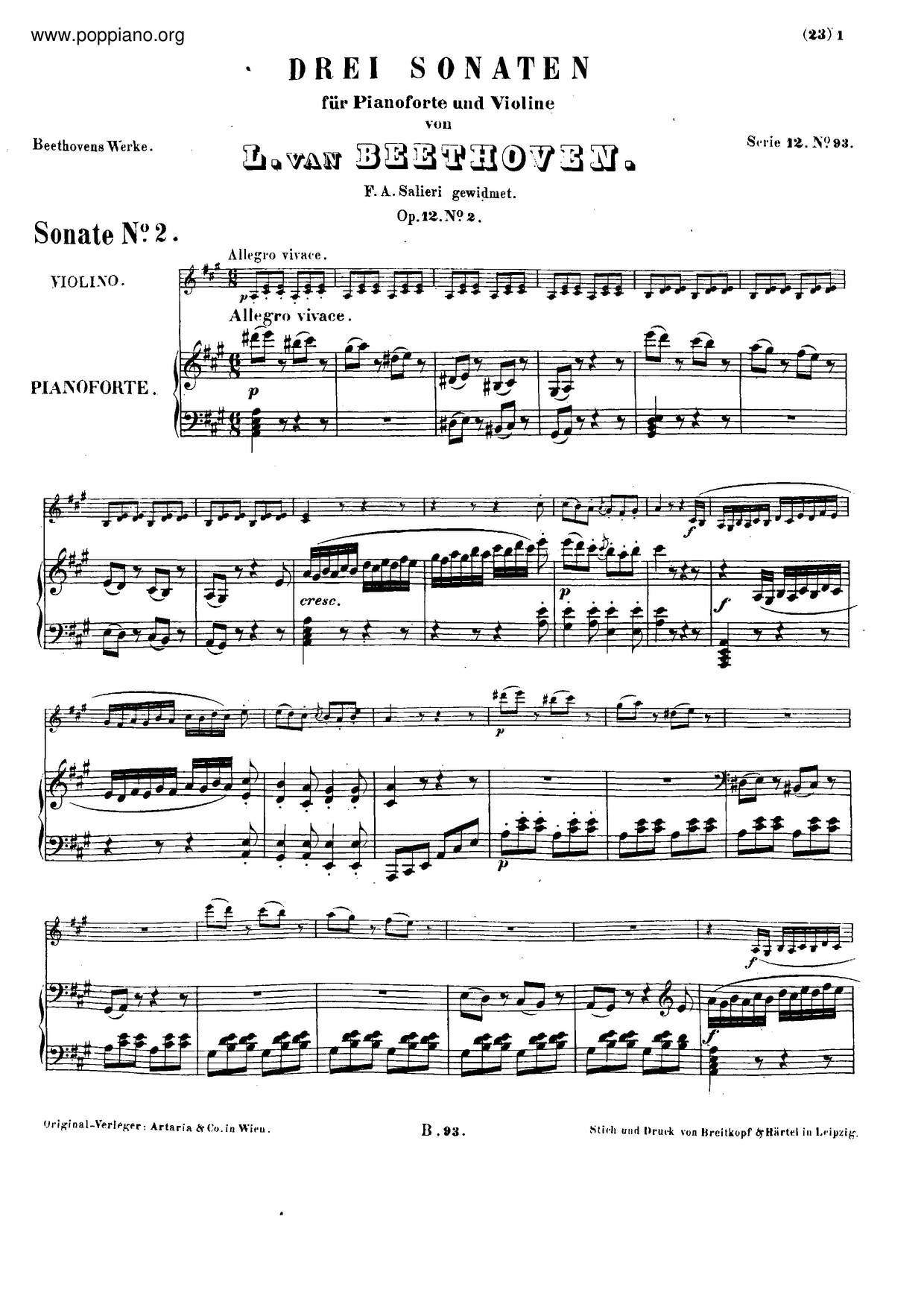 Violin Sonata No. 2, Op. 12 No. 2 Score