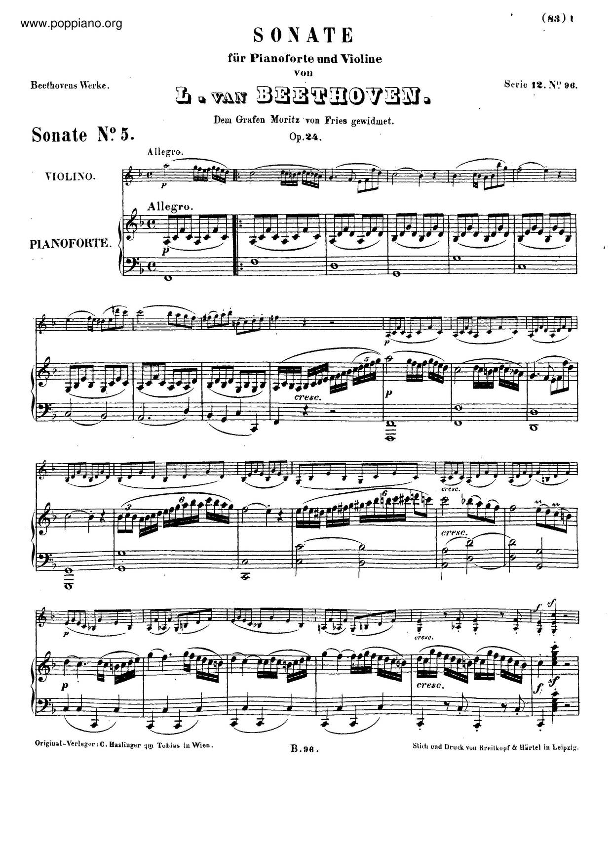 Violin Sonata No. 5 In F Major 'Spring', Op. 24琴谱