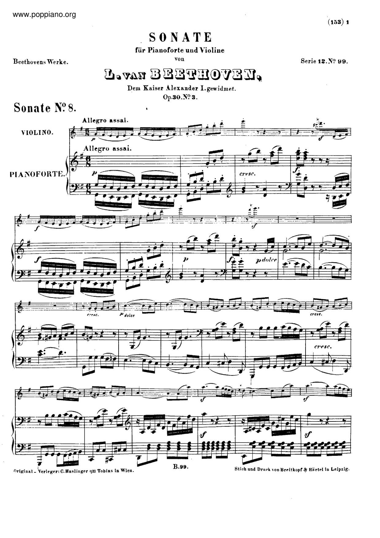 Violin Sonata No. 8 In G Major, Op. 30 No. 3 Score