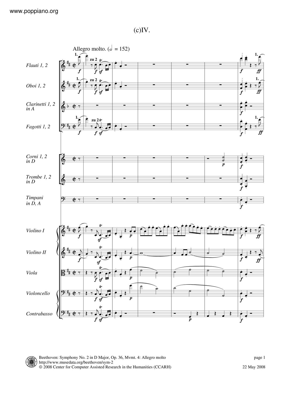Symphony No. 2 In D Major, Op. 36 Score