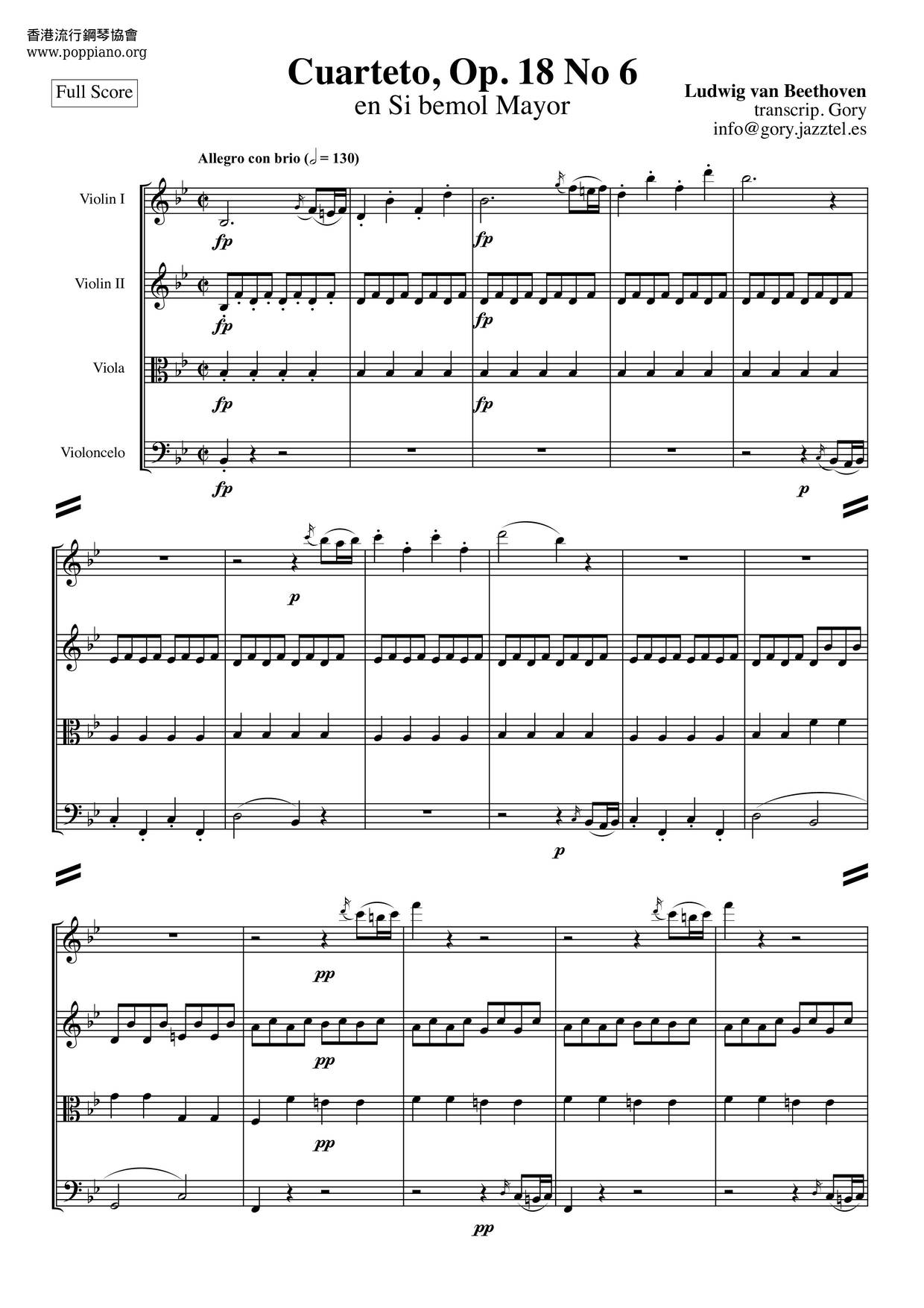 String Quartet No. 6 In B-Flat Major, Op. 18, No. 6 Score
