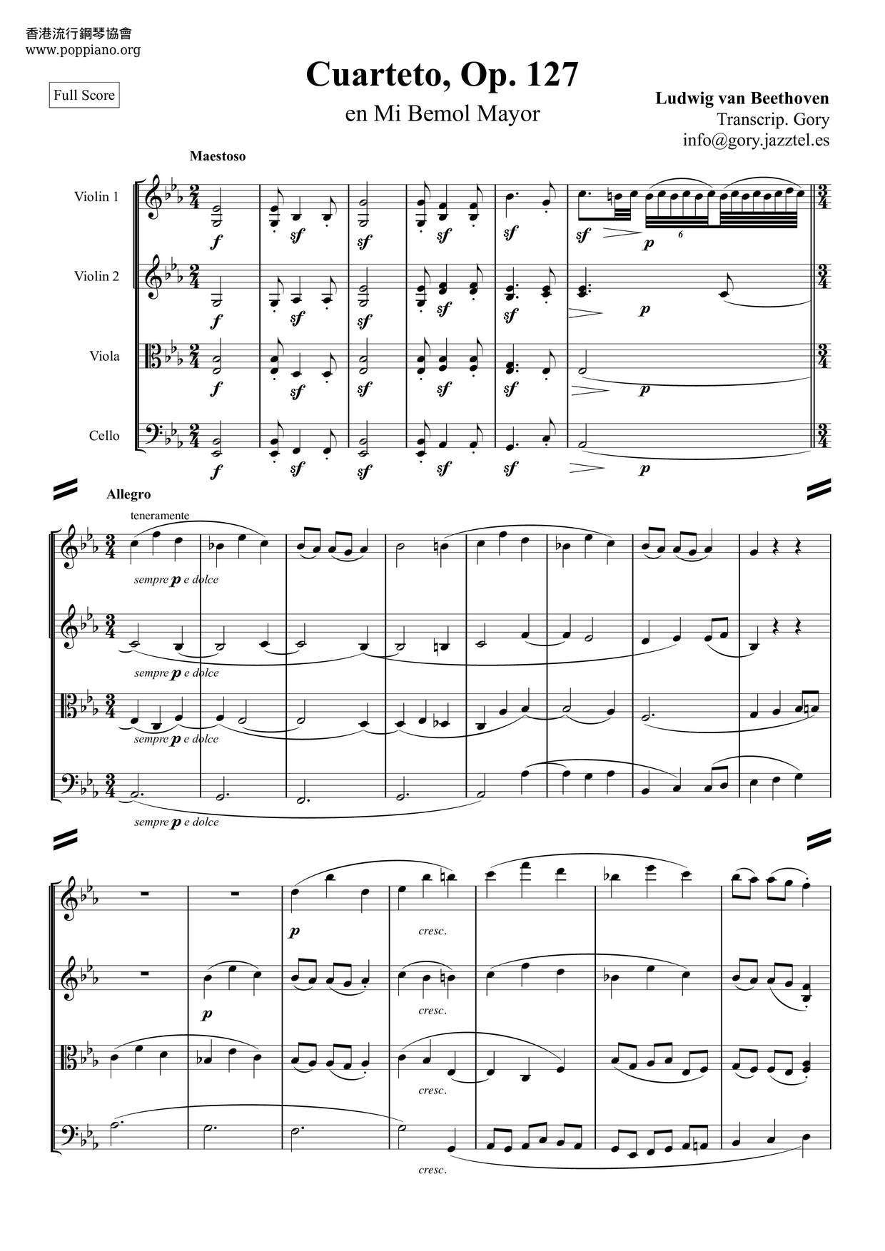 String Quartet No. 12 In E-Flat Major, Op. 127ピアノ譜