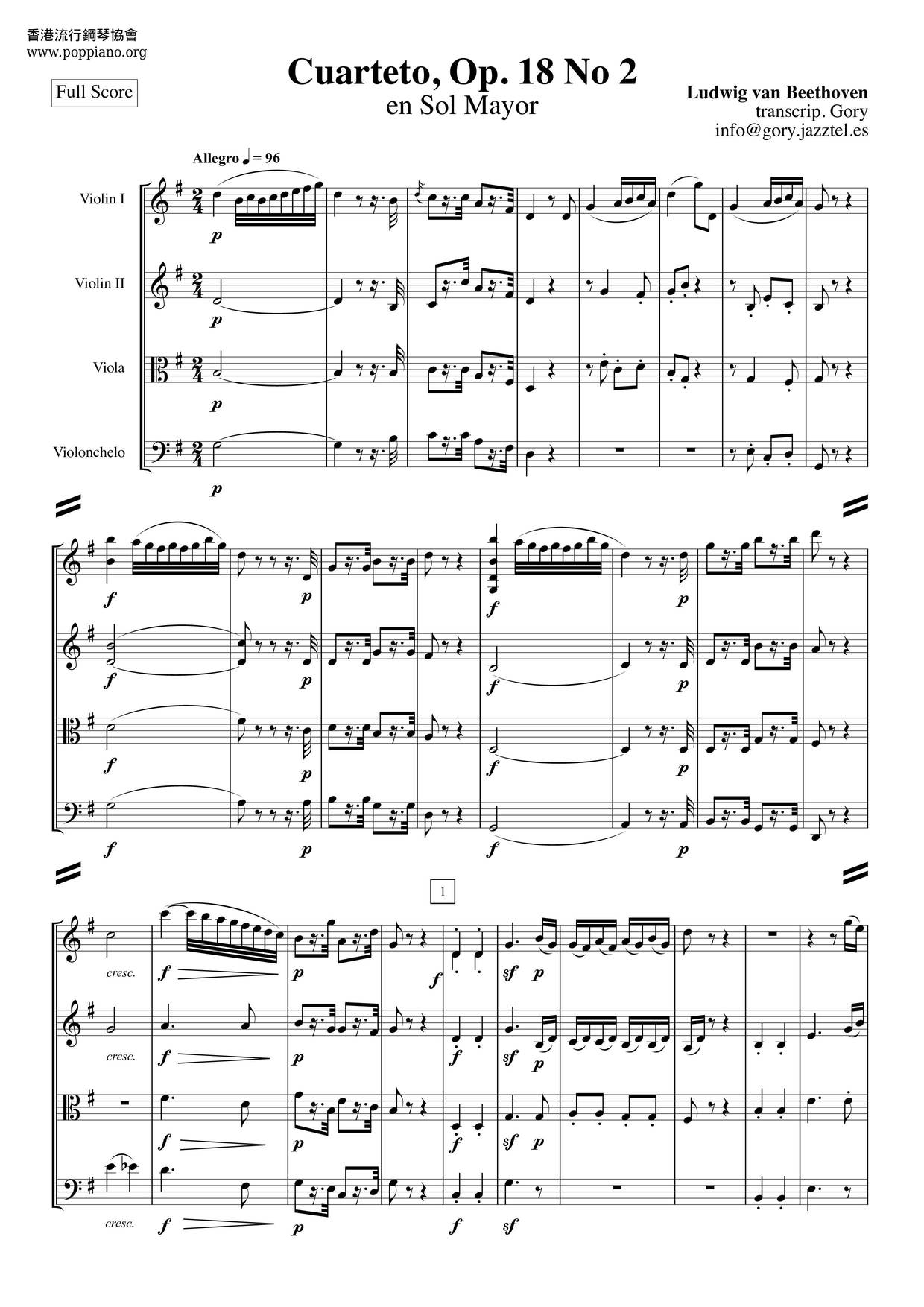 String Quartet No. 2 In G Major, Op. 18 No. 2ピアノ譜
