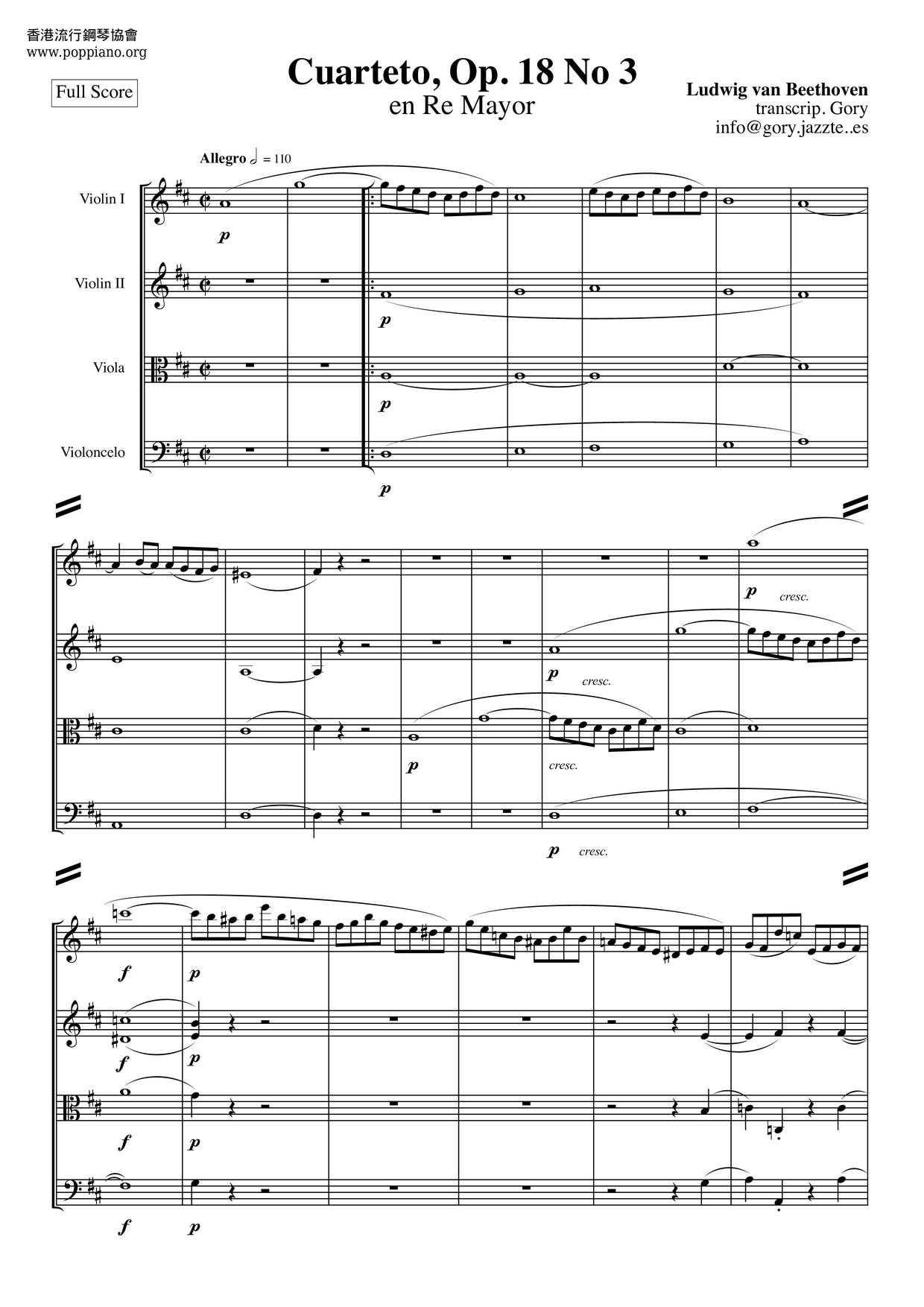 String Quartet No. 3 In D Major, Op. 18, No. 3 Score