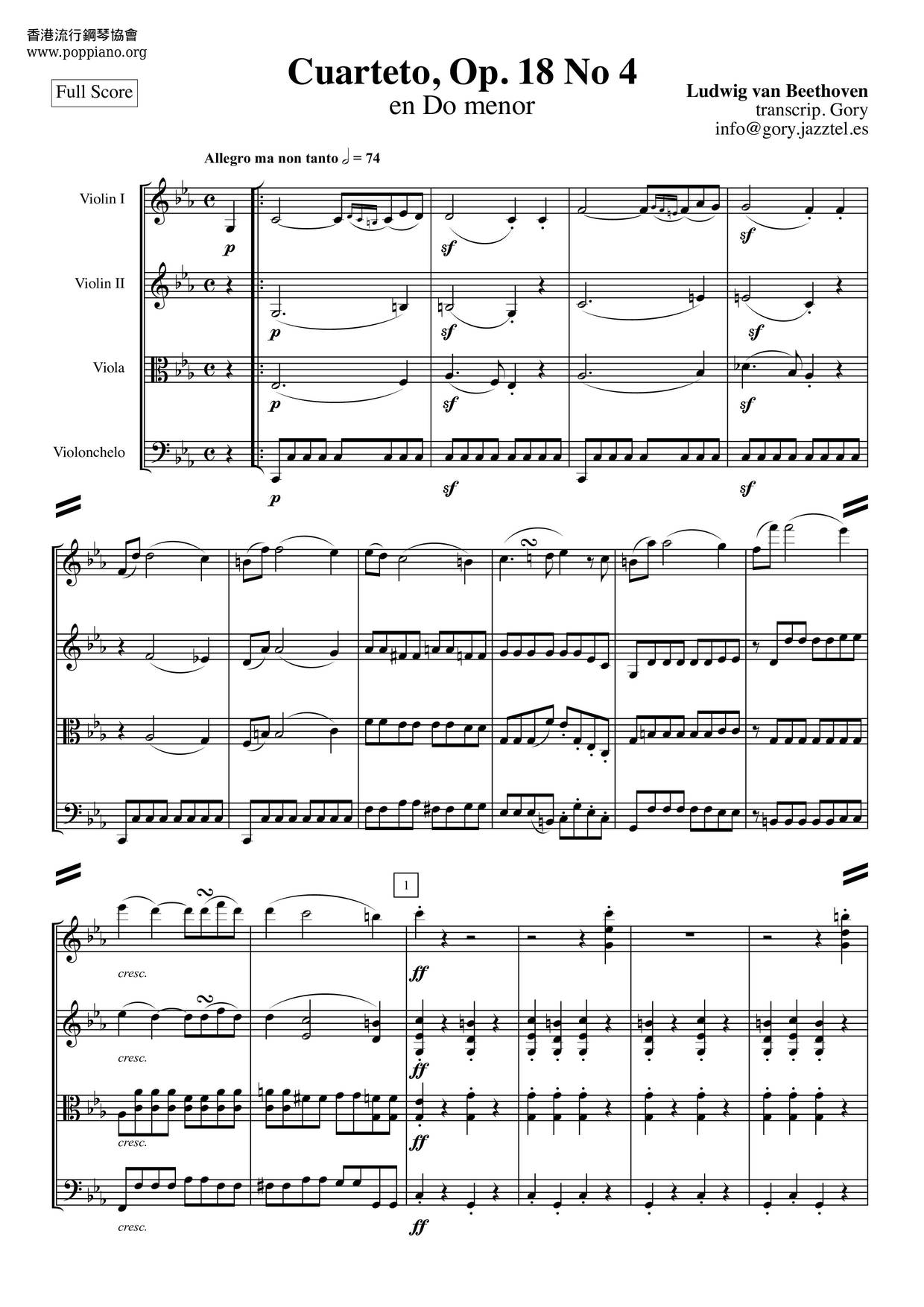 String Quartet No. 4 In C Minor, Op. 18 No. 4琴谱