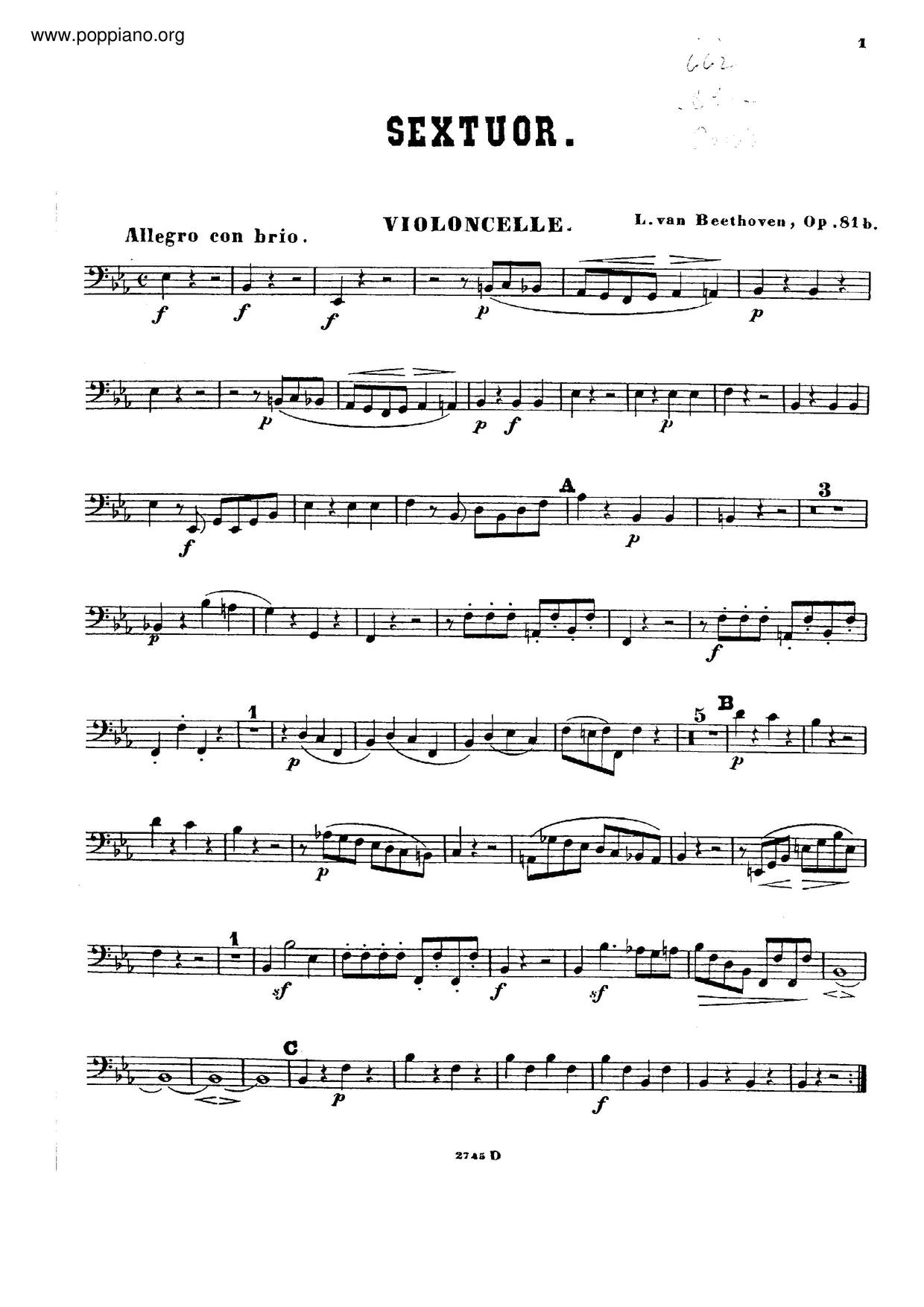 Sextet In E-Flat Major, Op. 81B Score