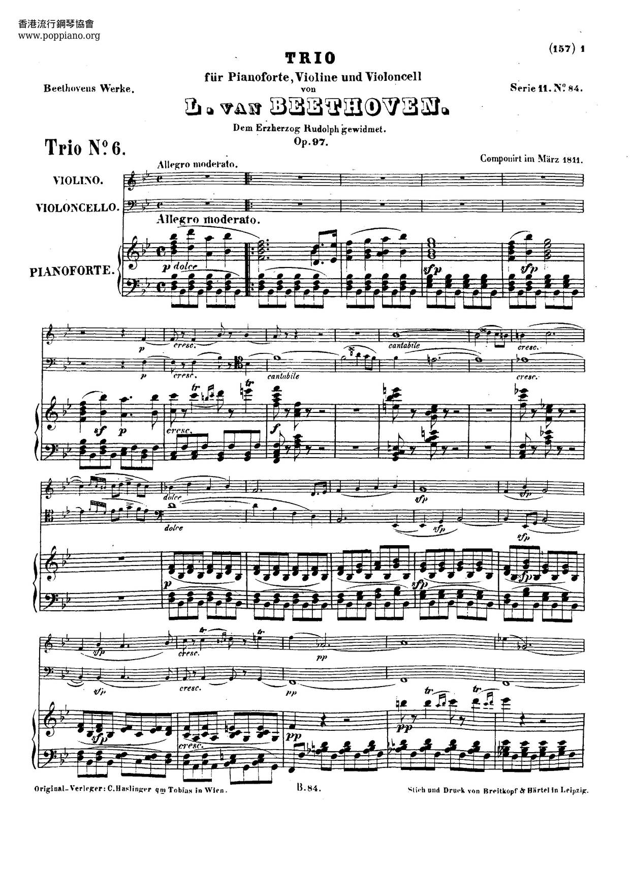 Piano Trio In B-Flat Major 'Archduke', Op. 97 Score