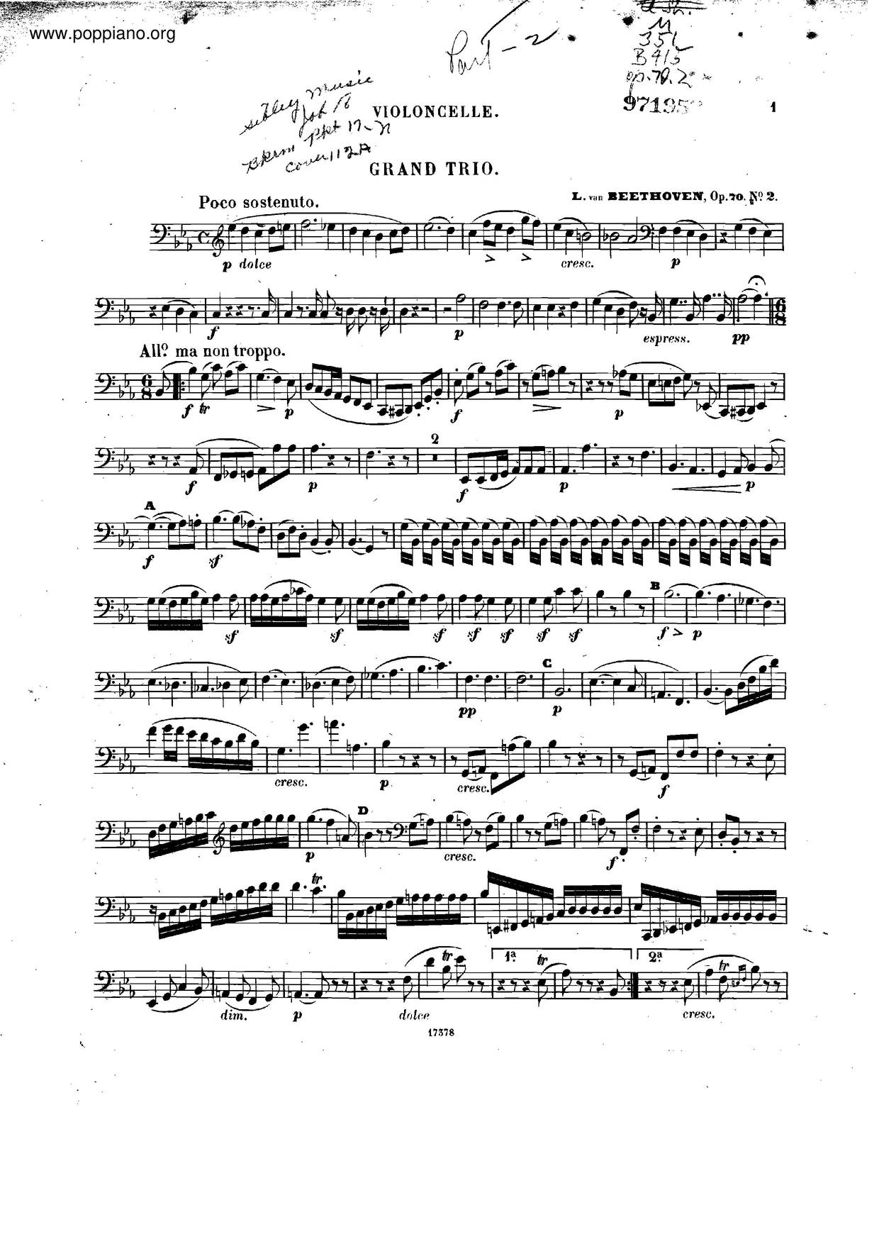 Piano Trio In E-Flat Major, Op. 70 No. 2琴谱