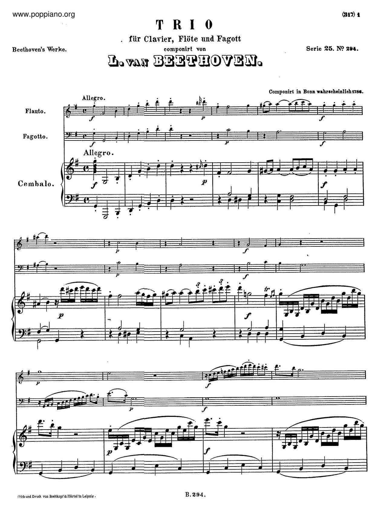 Trio For Piano, Flute And Bassoon, WoO 37 Score