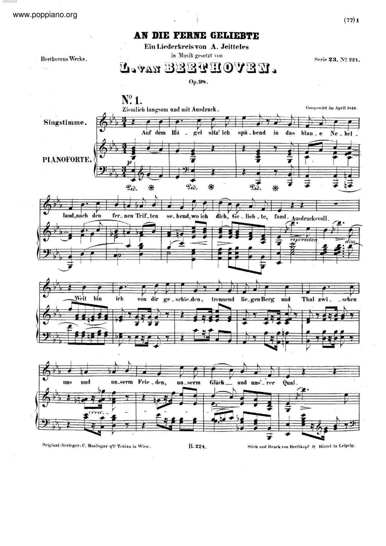 An Die Ferne Geliebte, Op. 98琴谱