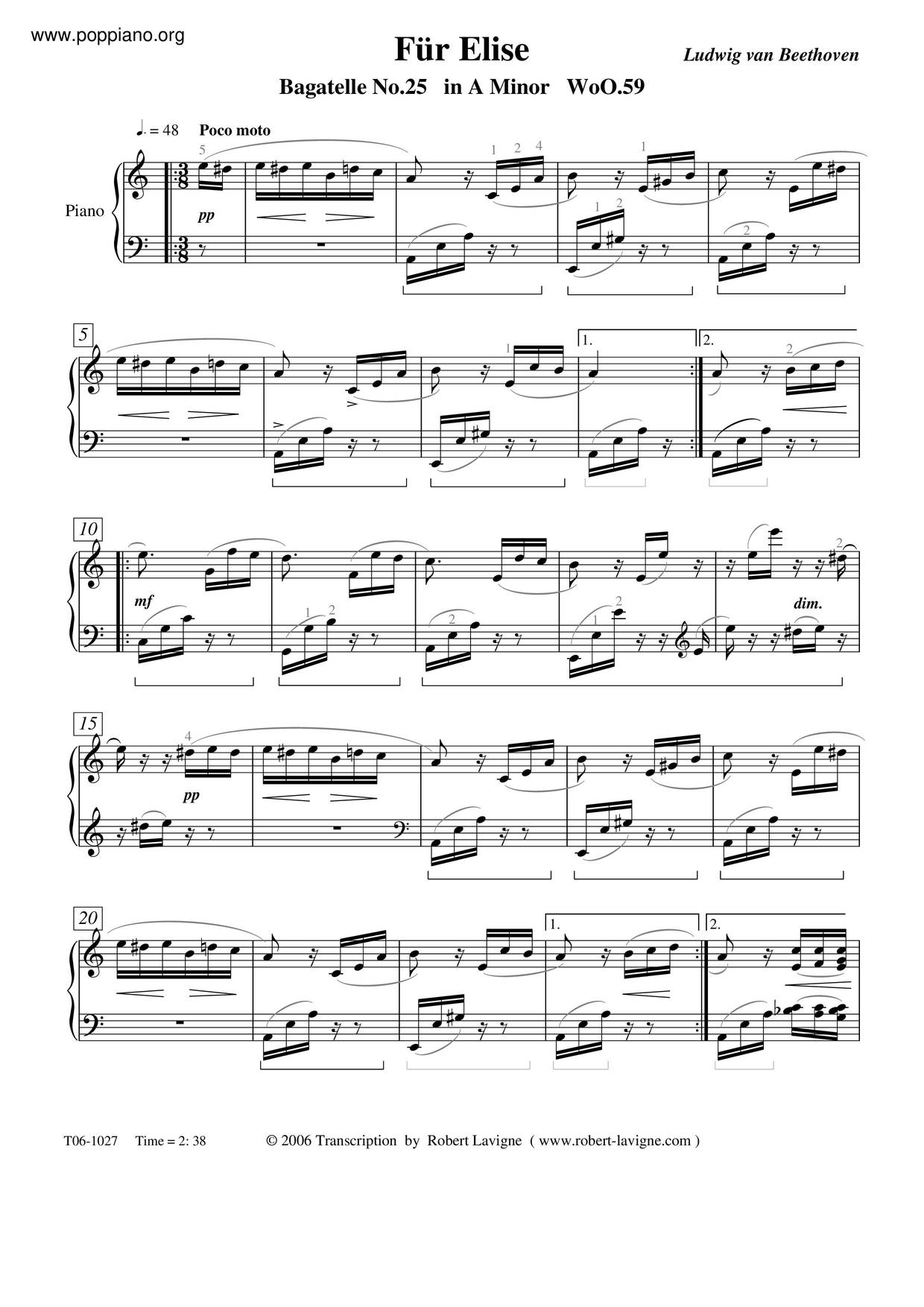 Bagatelle No. 25 in A Minor, WoO 59 Für Elise琴譜