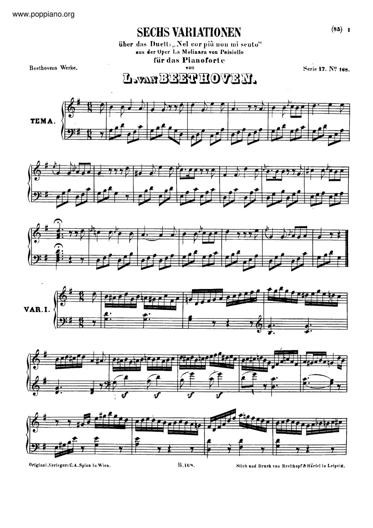 Variations On 'Nel Cor Piu Non Mi Sento', WoO 70 Score