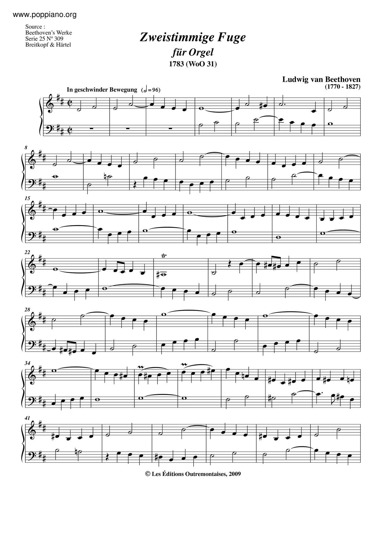 Fugue For Organ, WoO 31 Score