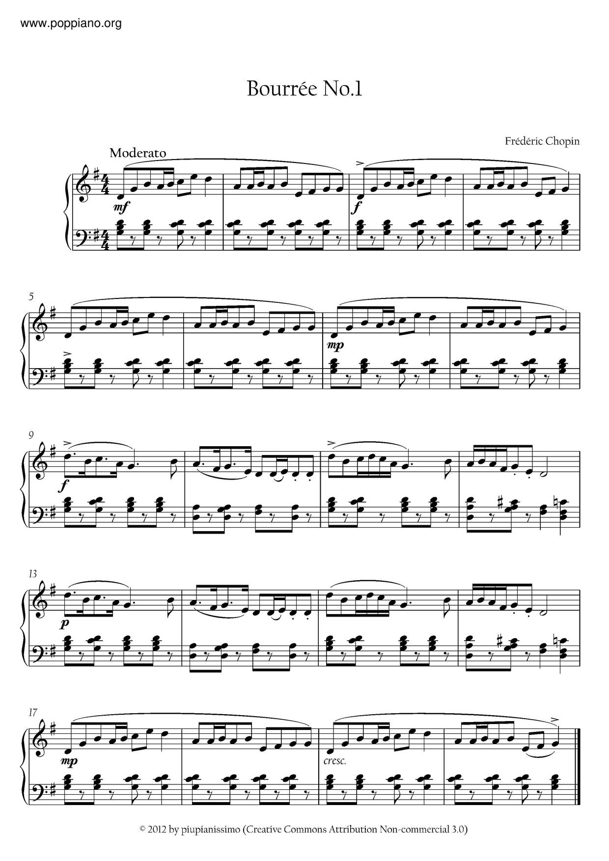Bourree No. 1, Op. D2 No. 1琴譜
