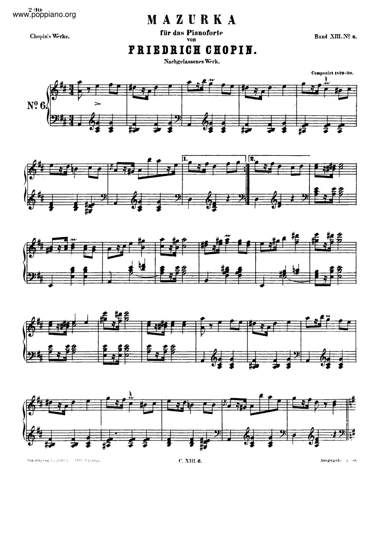 Mazurka In D Major, B. 31 Score