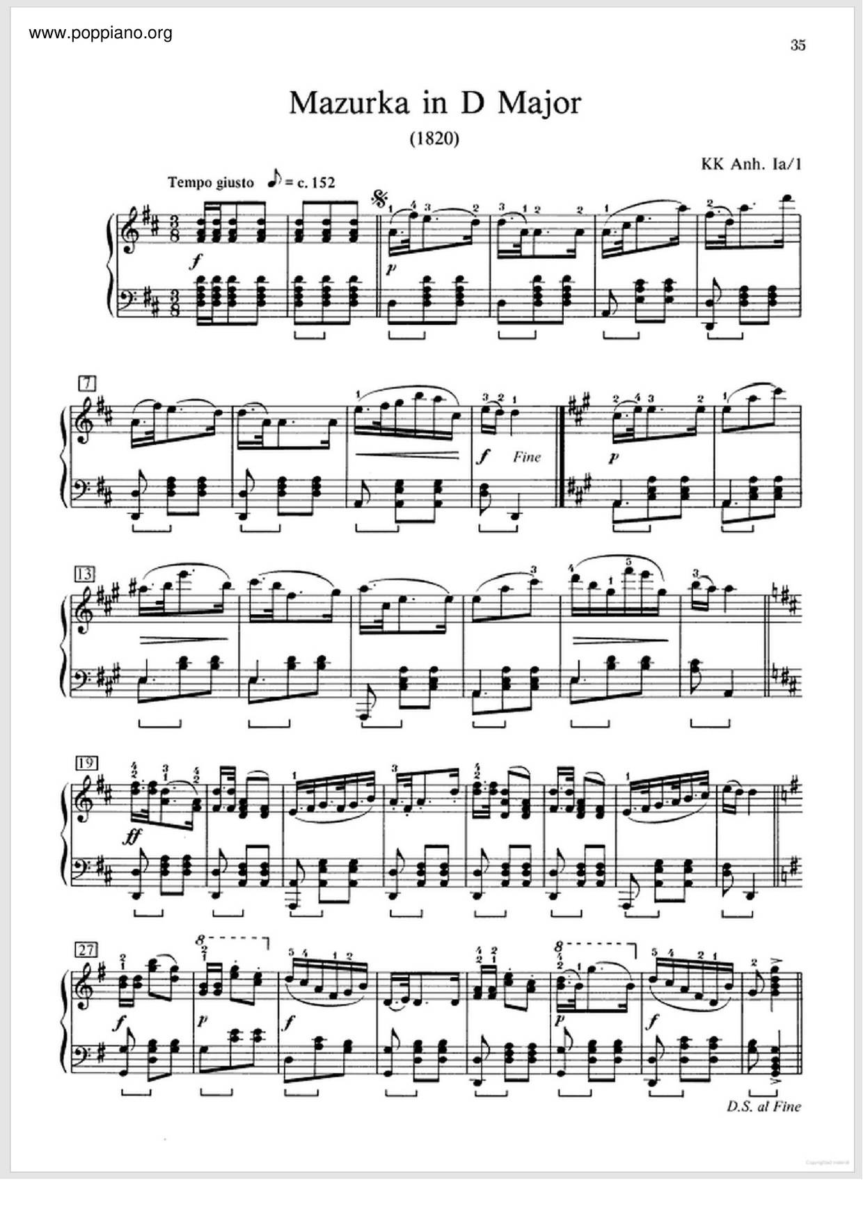 Mazurka In D Major, B. 4 Score