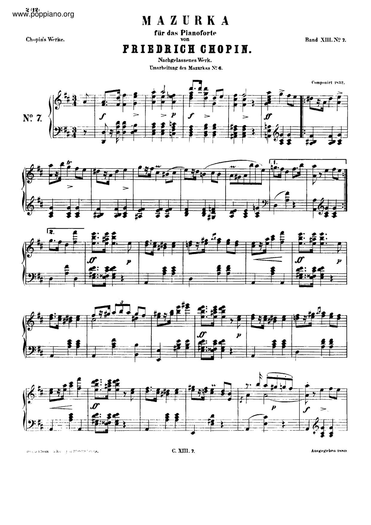 Mazurka In D Major, B. 71琴谱