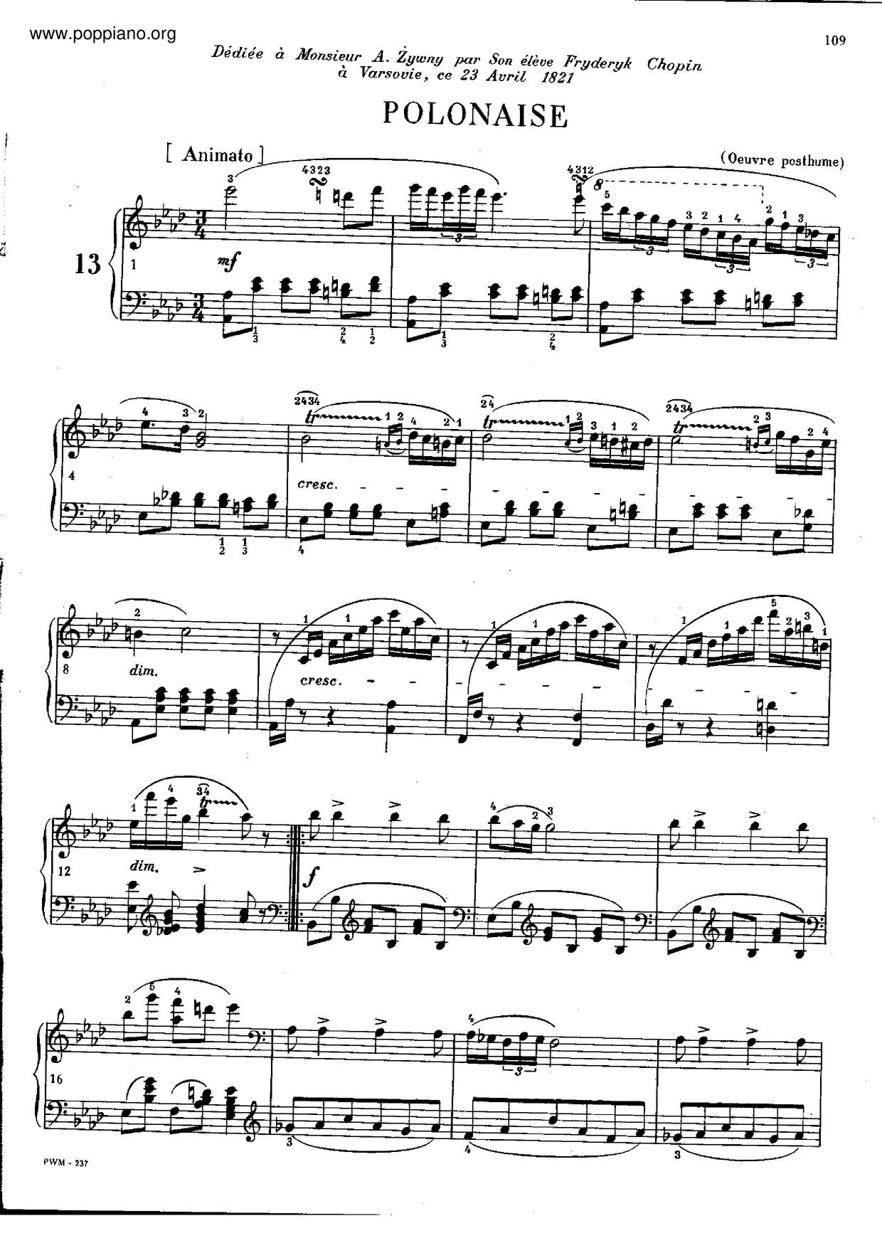 Polonaise In A-Flat Major, B. 5ピアノ譜