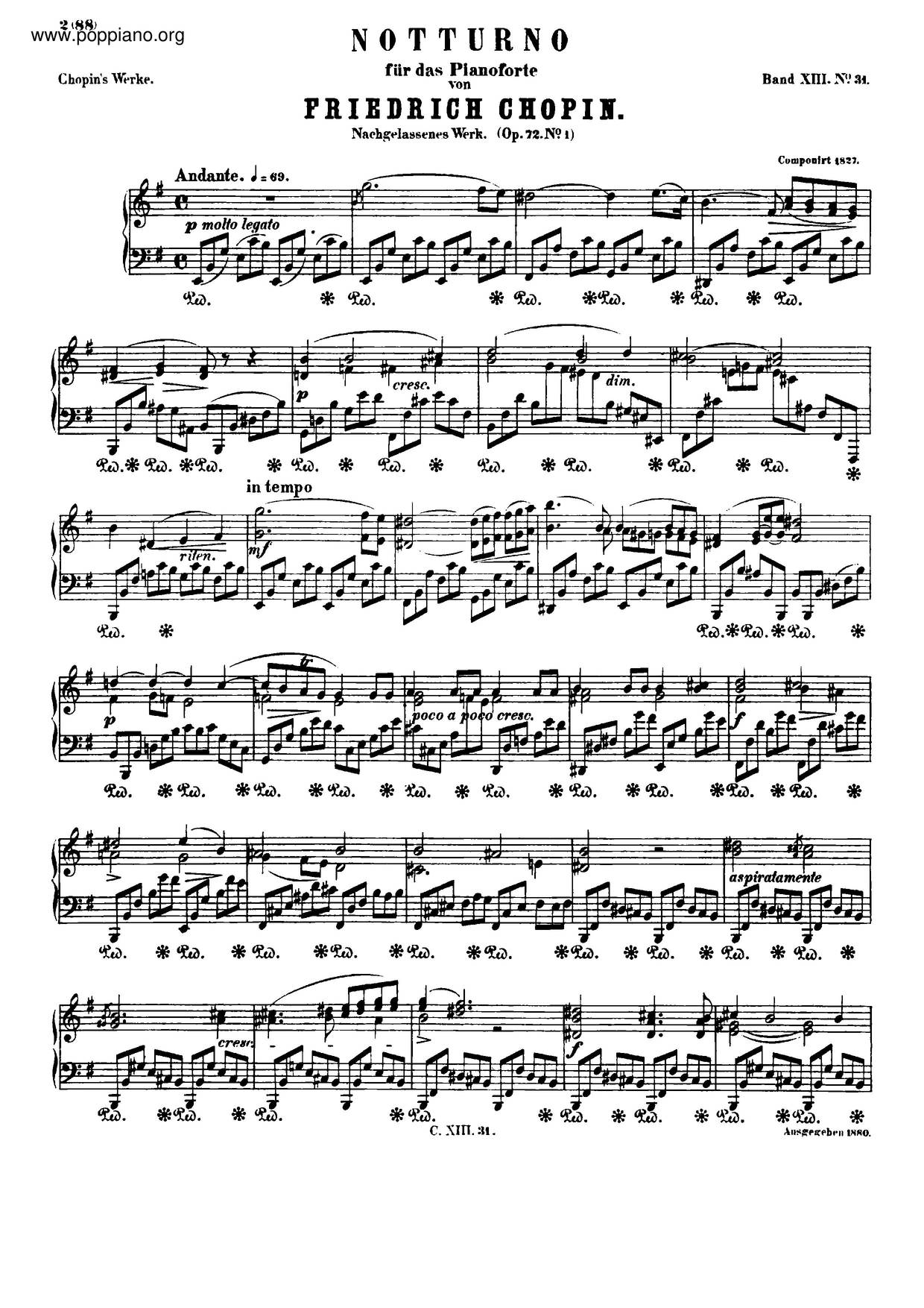 Nocturne In E Minor, Op. Posth. 72琴譜