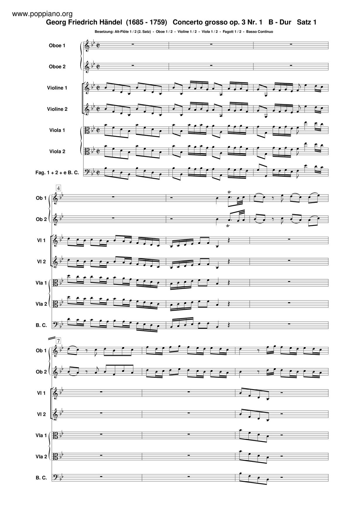 Concerto Grosso In B-Flat Major, HWV 312 Score