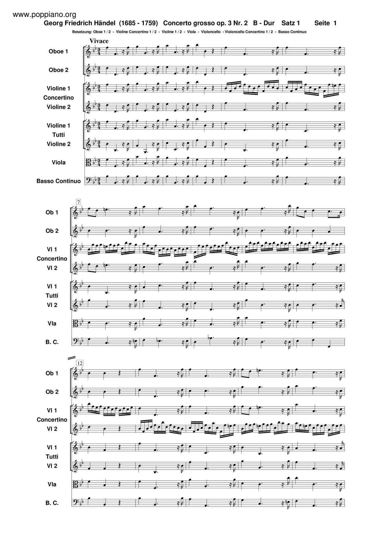Concerto Grosso In B-Flat Major, HWV 313 Score