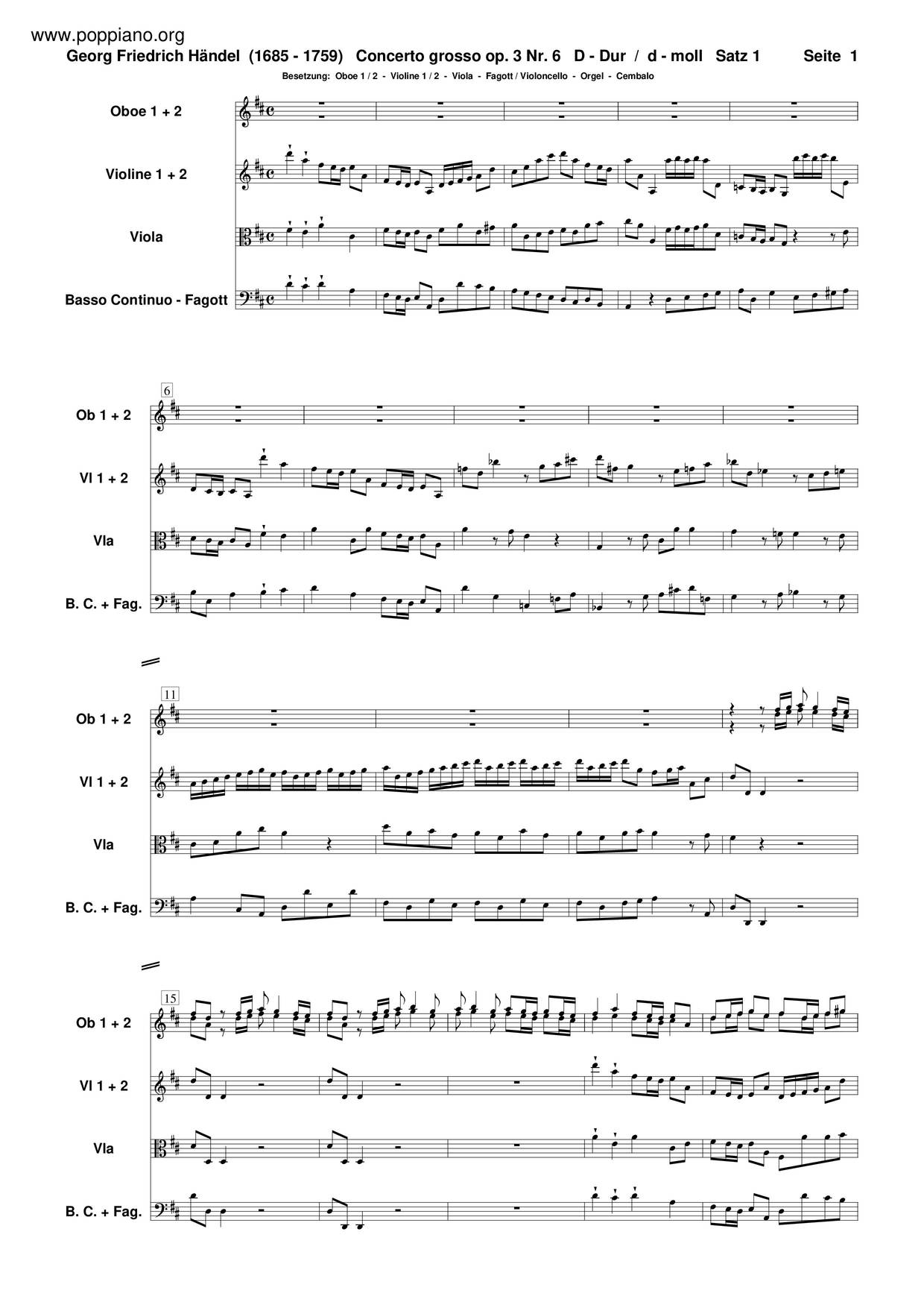 Concerto Grosso In D Major, HWV 317 Score