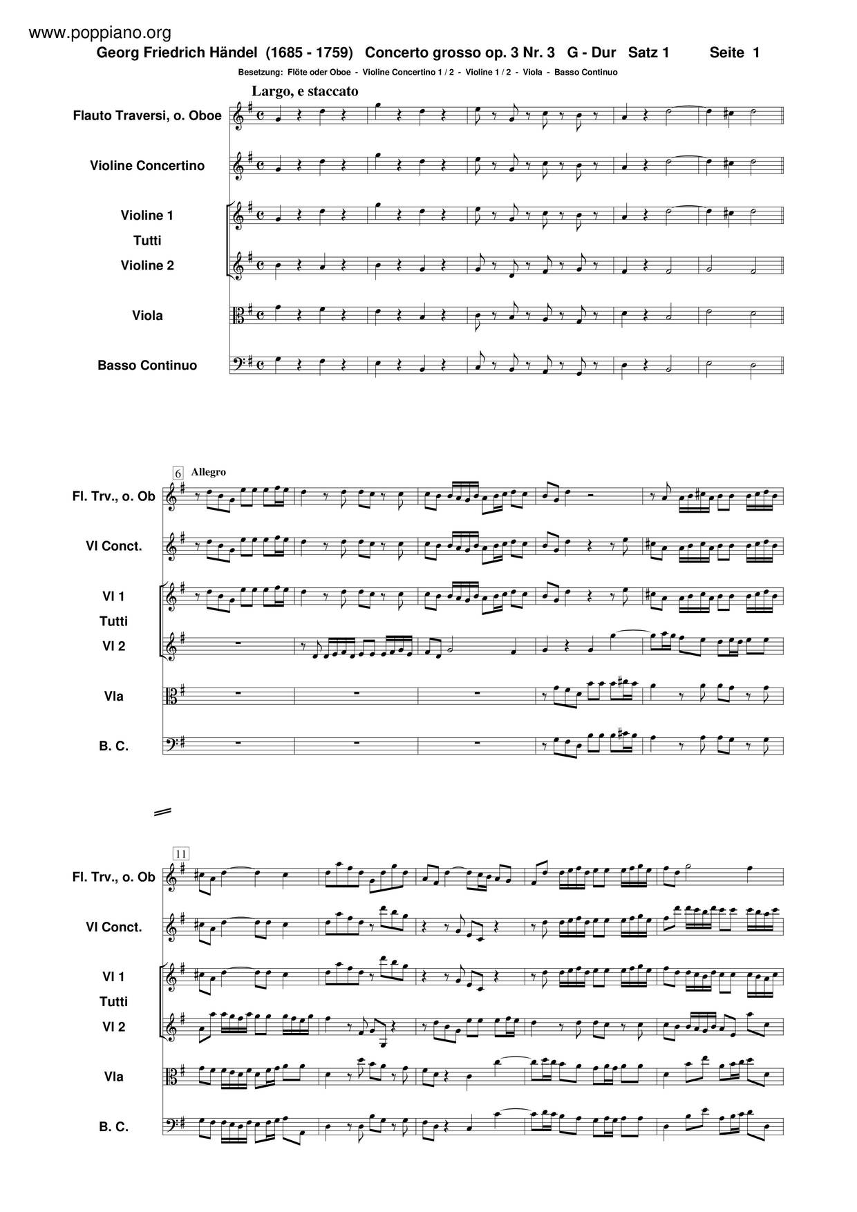 Concerto Grosso In G Major, HWV 314 Score